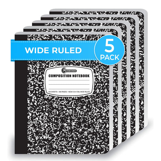 Rosmonde 5 Pack Wide Ruled Composition Notebook, Black Marble Notebooks