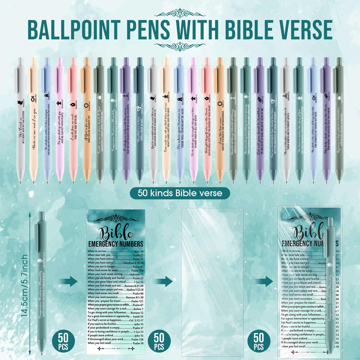 Feifeiya 50 Sets Christian Pens Bible Verse Gifts, Watercolor, English