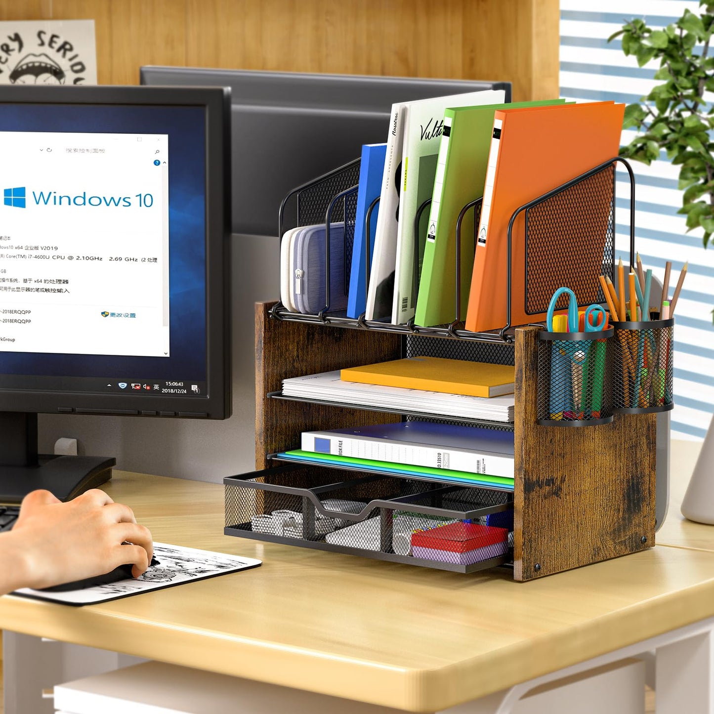 DAOUTIME 4-Tier Mesh Desk Organizer, Wooden Desk File Organizer with 5 Vertical File Holders and 2