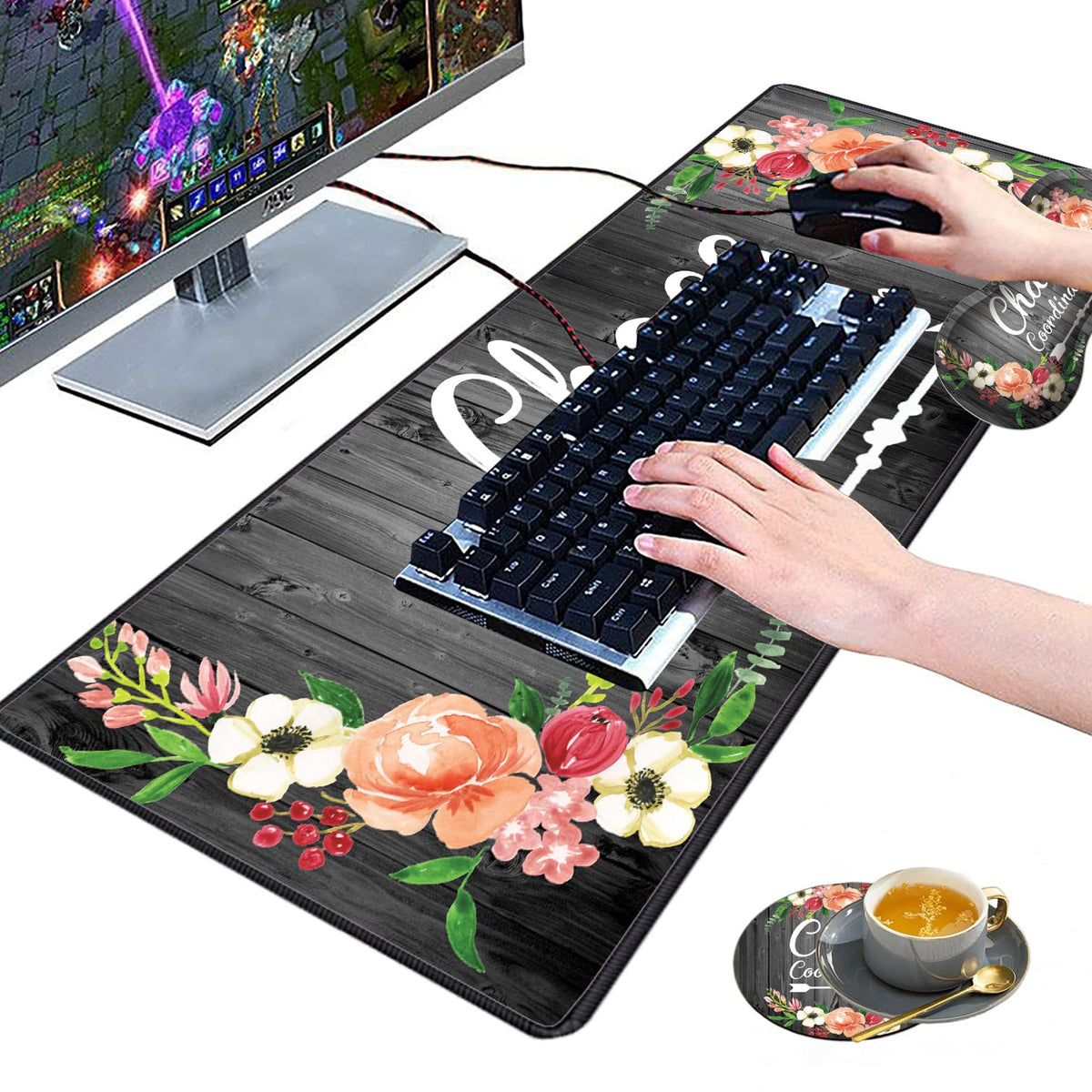3 Piece Mouse Pad Set with Stitched Edge Large Anti-Slip Mouse Pad Desk Pad Keyboard Pad + Wrist