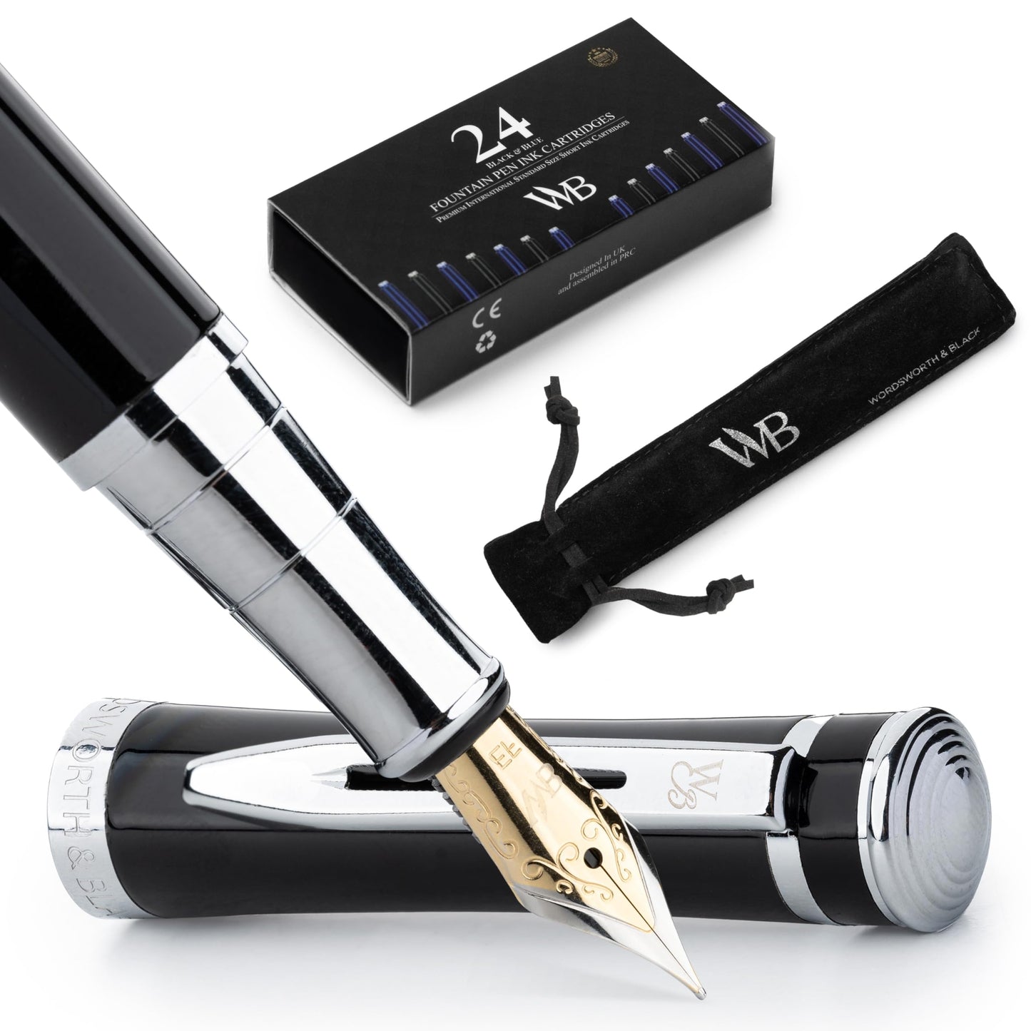 Wordsworth & Black Fountain Pen Set for Writing,Extra Fine Nib,Black Chrome