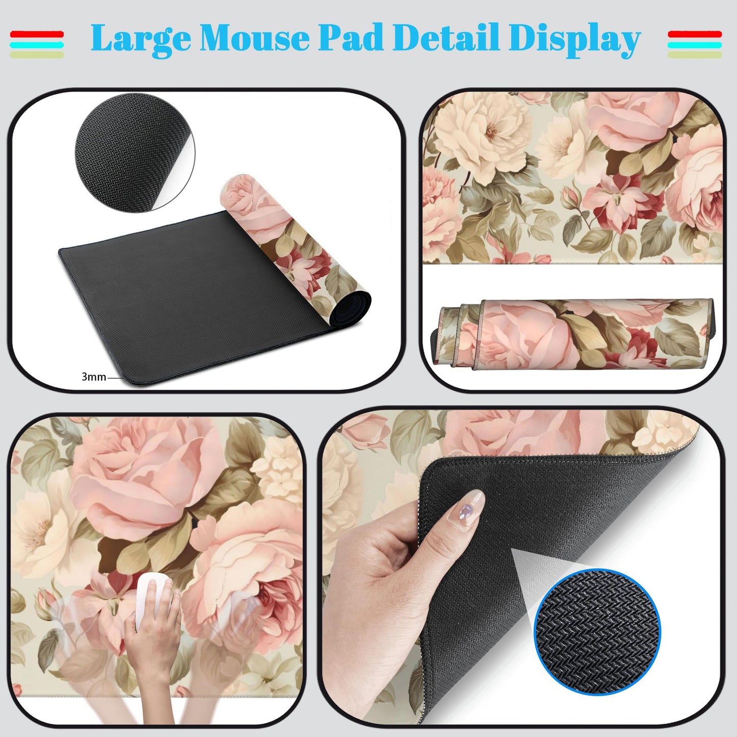 Cute Floral Desk Mat Pastel Roses Gaming Mouse Pad XXL Large Extended Flowers Desk Pad, Laptop