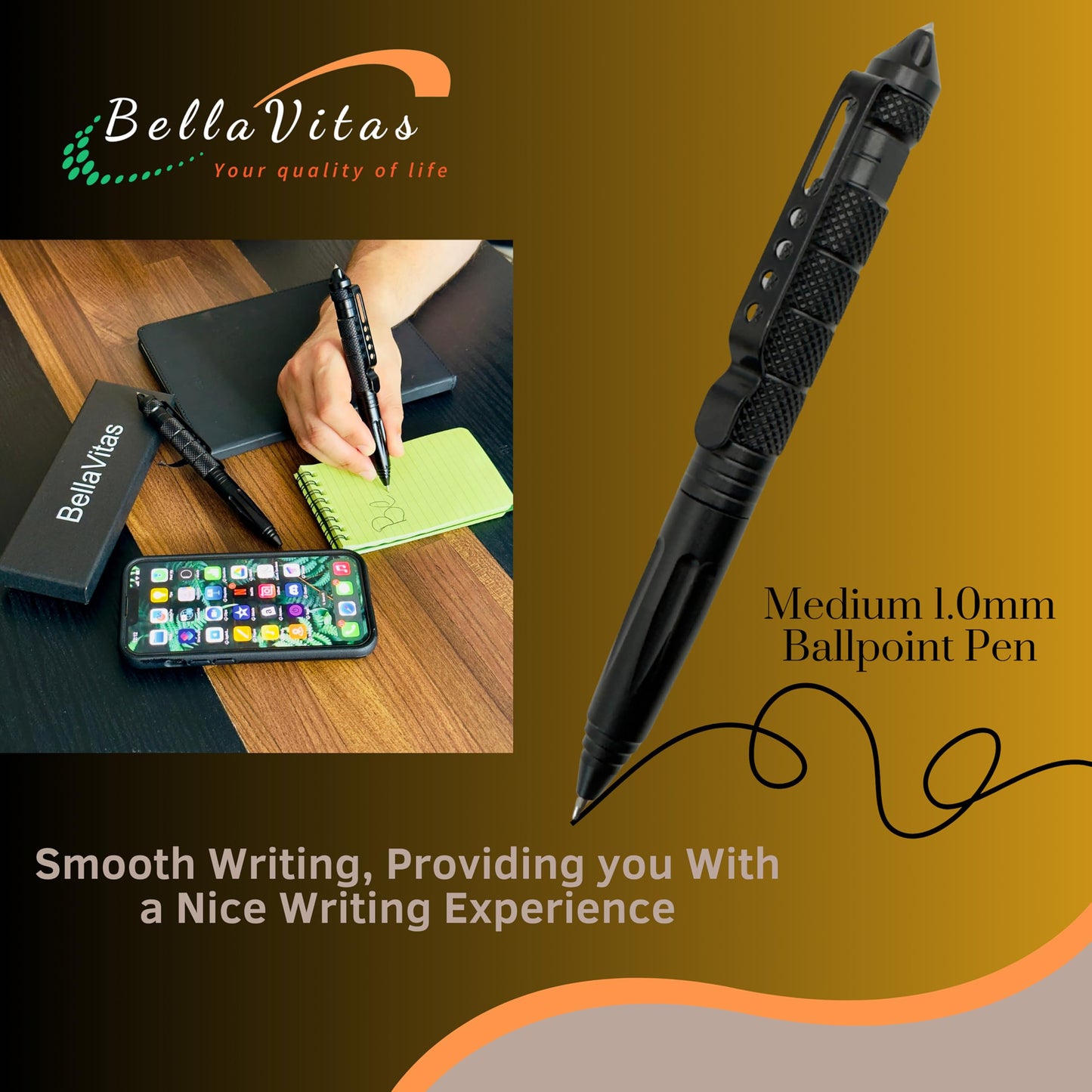 BellaVitas Military Tactical Pen, Emergency Glass Breaker Pen, Tactical EDC Pen, Multitool pen