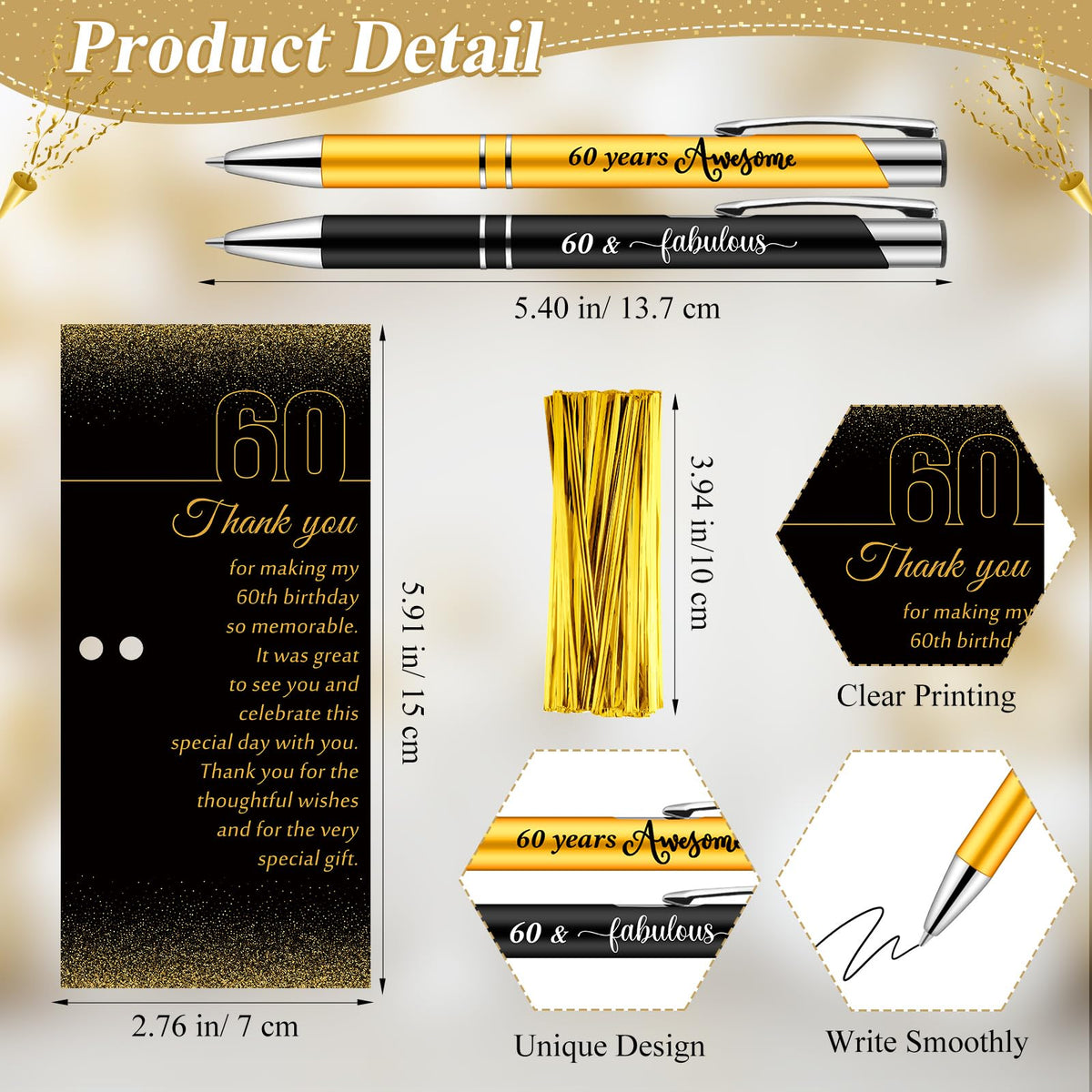 Feifeiya 60th Birthday Party Favors with Black Gold Pens Thank You Cards
