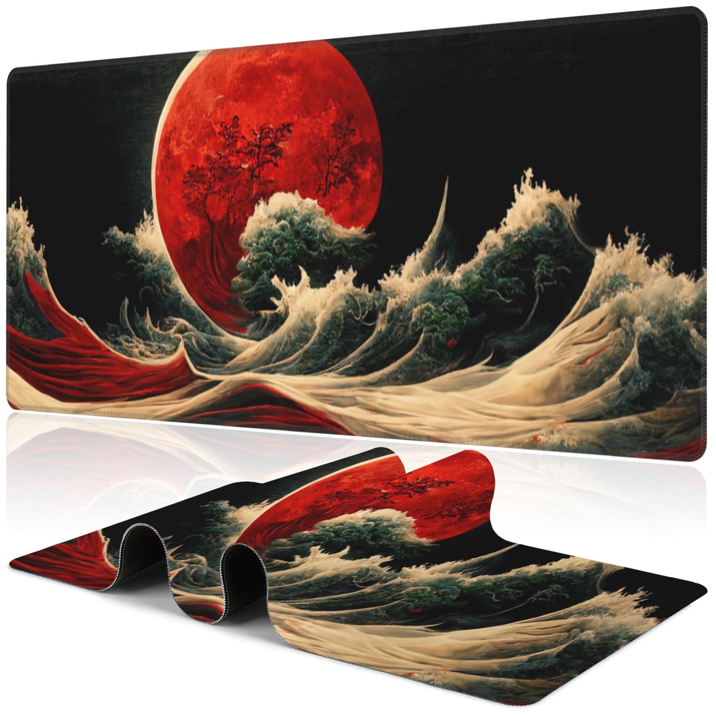 Red Moon Above The Sea Desk Mat,Large Chinese Style Landscape Gaming Keyboard Mouse Pad,Non-Slip