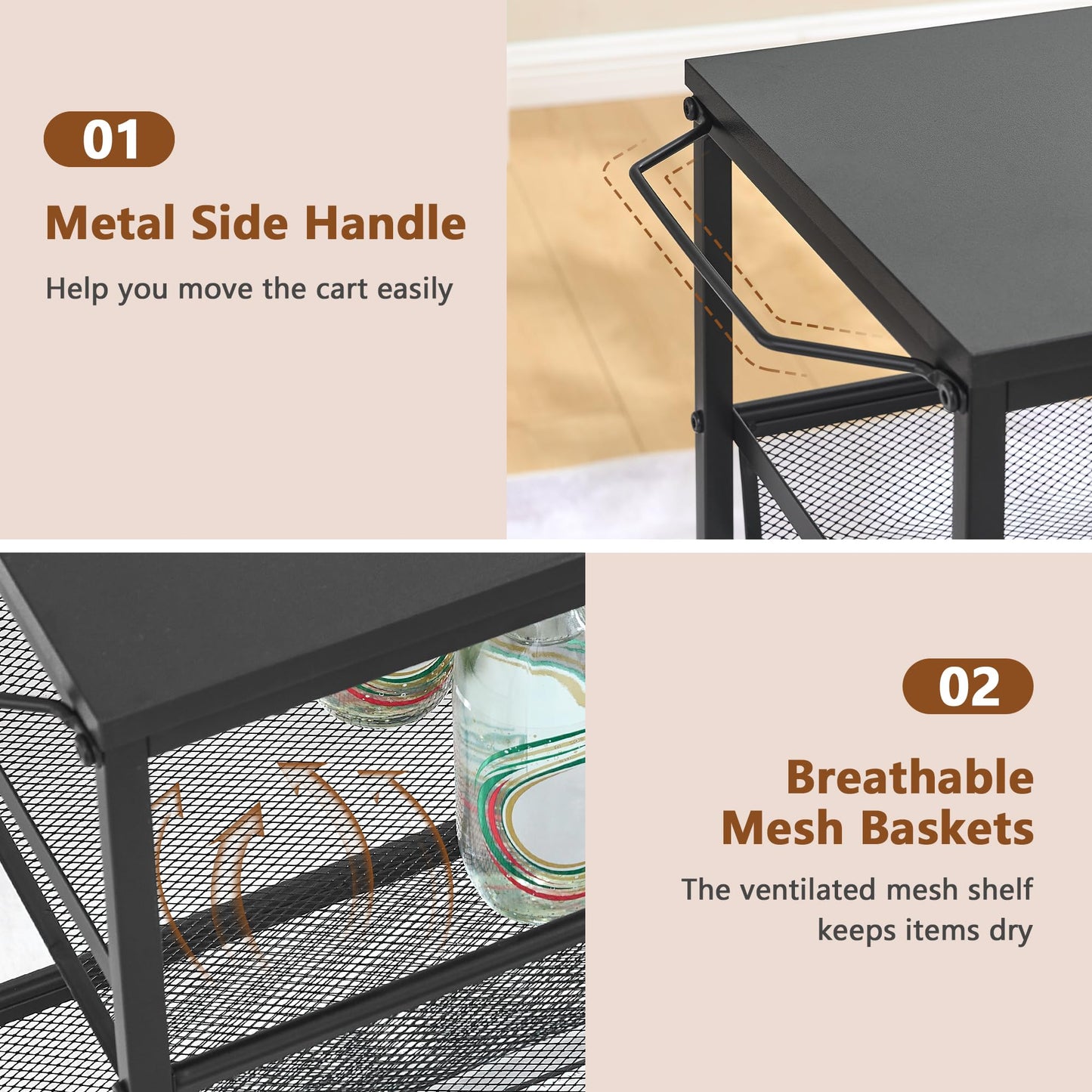 Hoctieon Rolling Storage Cart, 4-Tier 11.8" Wide Panel Rolling Kitchen Storage Cart, Utility Carts