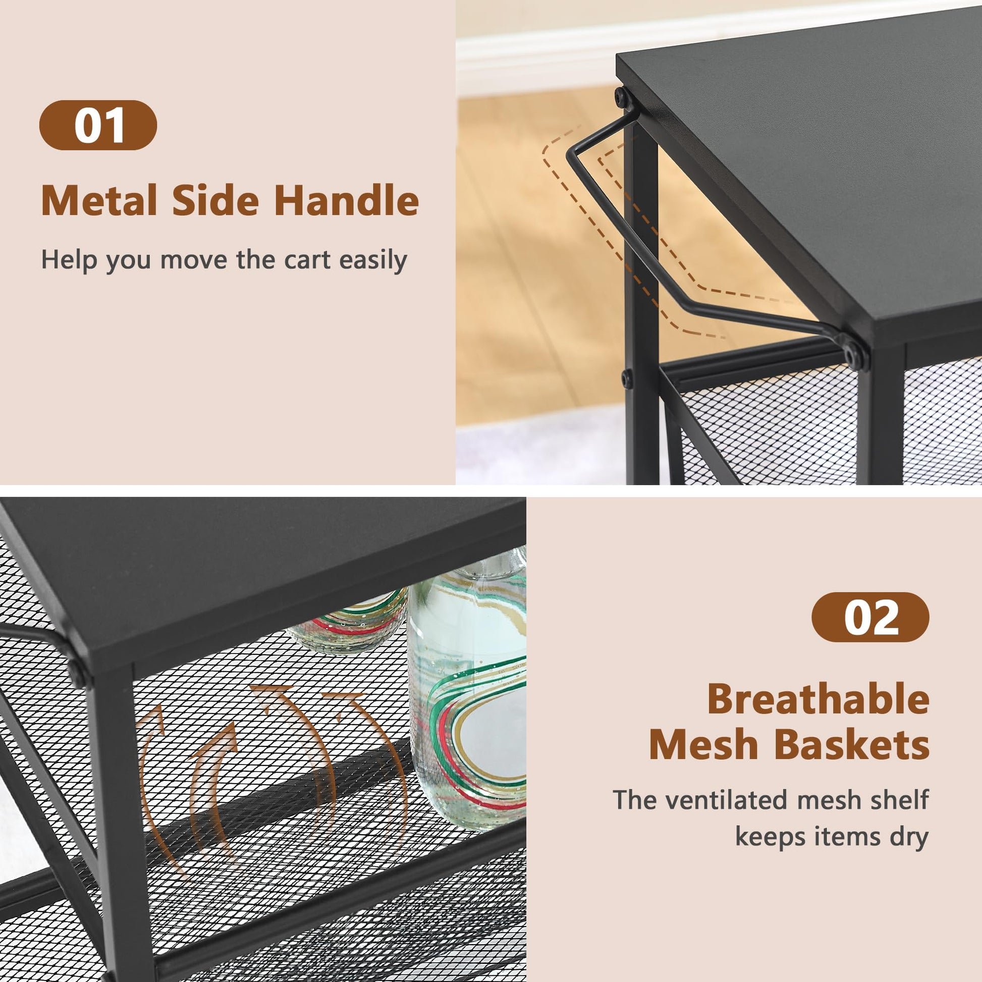 Hoctieon Rolling Storage Cart, 4-Tier 11.8" Wide Panel Rolling Kitchen Storage Cart, Utility Carts