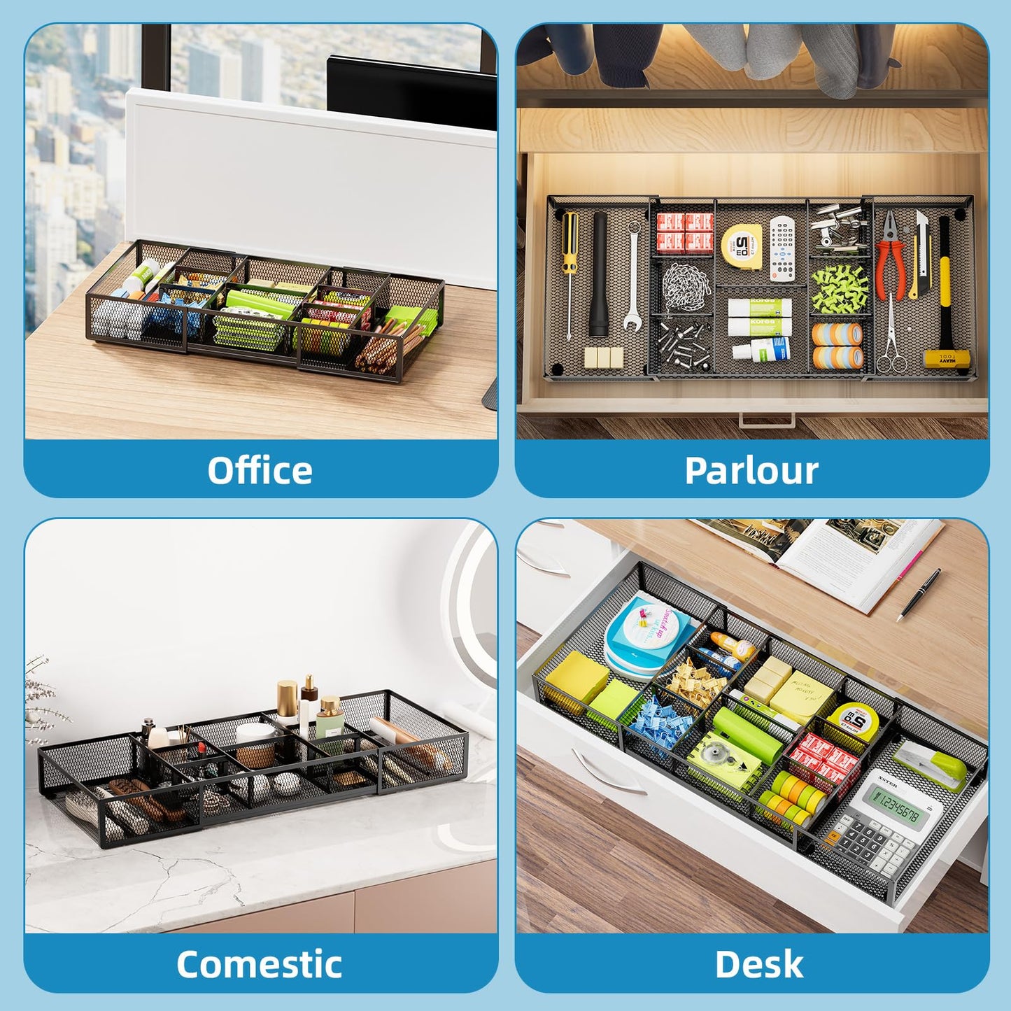 Marbrasse Expandable Desk Drawer Organizer, Mesh Drawer Organizer Tray with 10 Adjustable