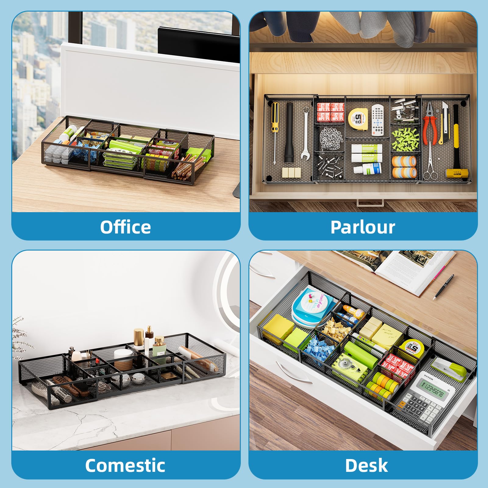 Marbrasse Expandable Desk Drawer Organizer, Mesh Drawer Organizer Tray with 10 Adjustable
