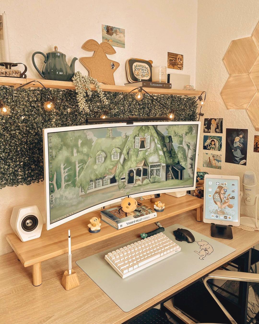ROCDEER Bamboo Dual Monitor Stand Riser, Natural Desktop Shelf with Storage