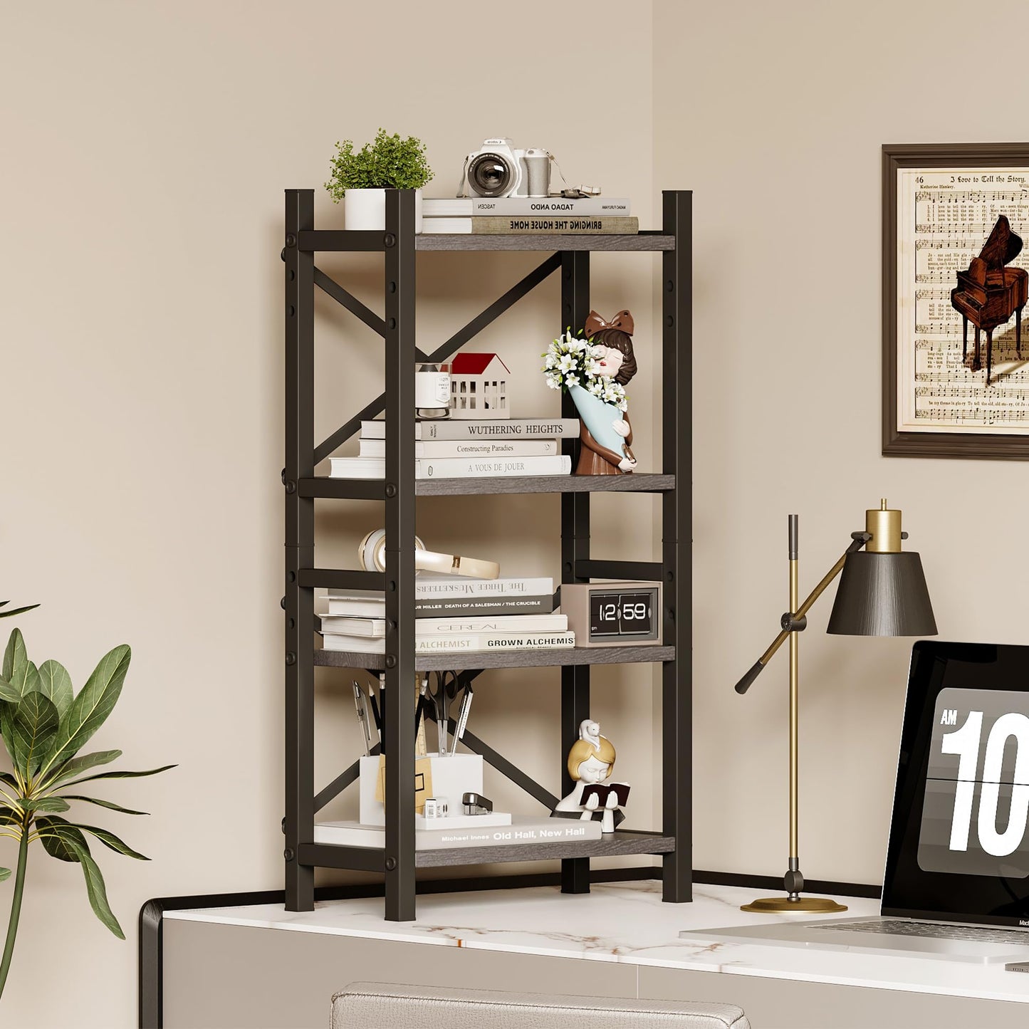 Desktop Bookshelf, 4-Tier Stackable Narrow Bookcase, Adjustable Industrial Desk Organizer & Hutch