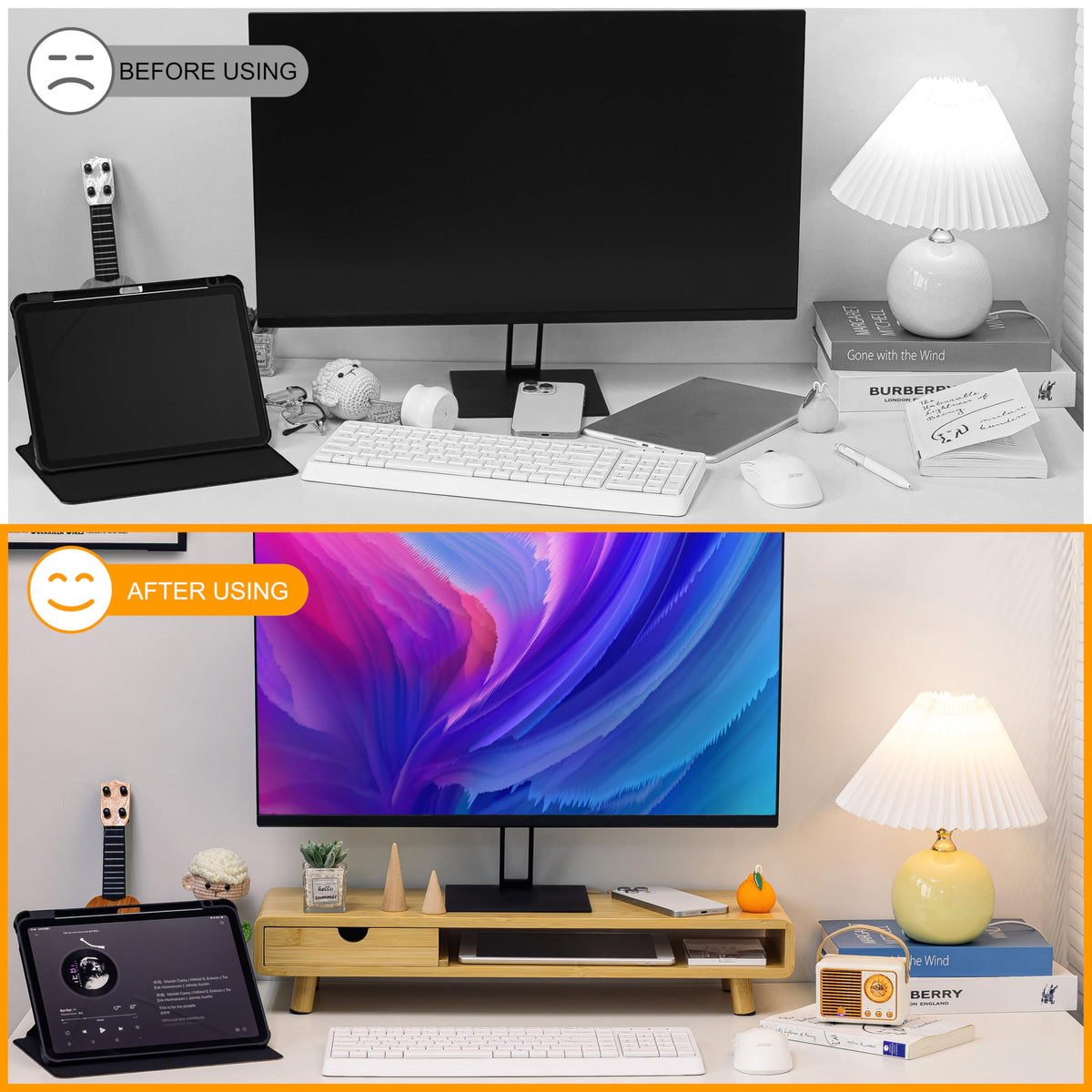 Homerays Monitor Stand with Drawer, Exquisite Computer Monitor Stand for Desk, Ergonomic Wood