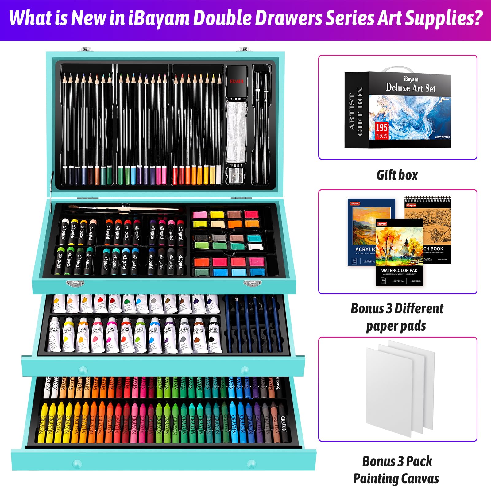 iBayam 195-Pack Deluxe Art Kit – Painting & Drawing Set for Adults