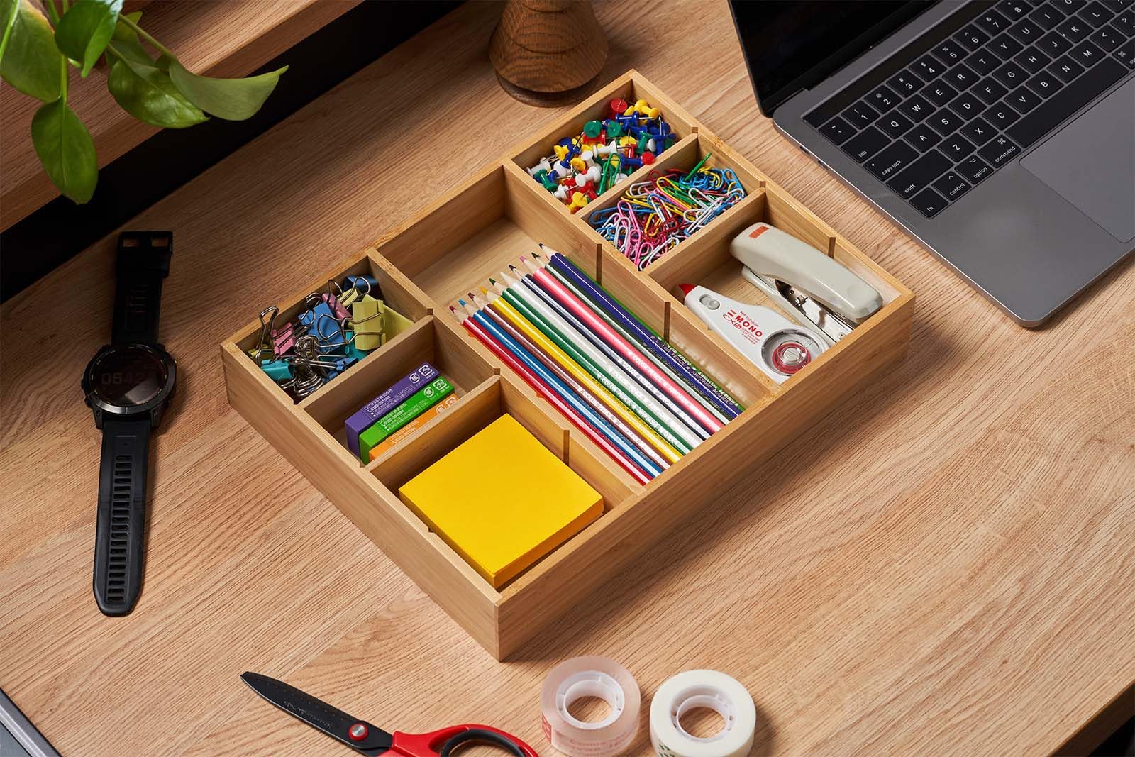 Umilife Bamboo Desk Drawer Organizer, Wood Junk Organizer Tray with Adjustable Dividers, Anti-Skip
