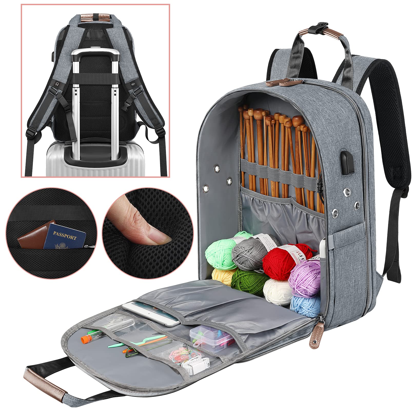Crochet Bag, Knitting Bag Backpack and Totes Organizer with USB Charging Port, Large Yarn Storage