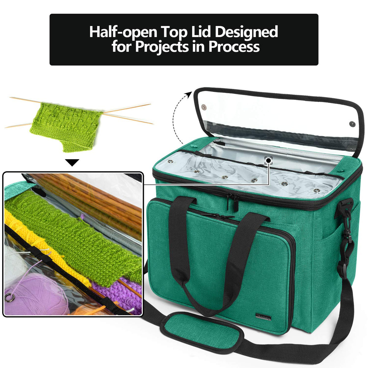 Teamoy Knitting Bag, Yarn Storage Organizer Crochet Bag Tote, Green