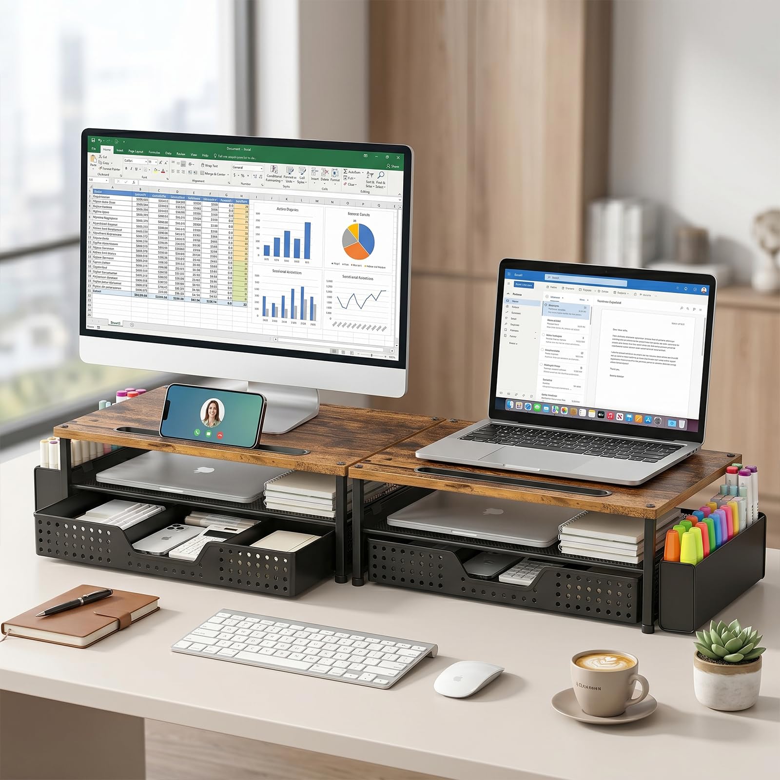 Desk Organizer and Accessories, 2-Tier Computer Monitor Stand Rise with Phone Holder, Drawer & 2