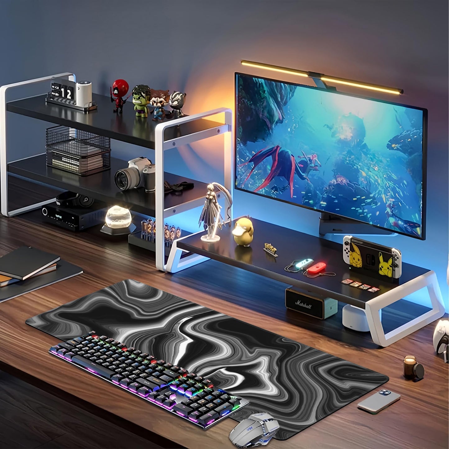 Black and White Marble Desk Mat,Large Marble Ink Texture Gaming Keyboard Mouse Pad,Non-Slip Rubber