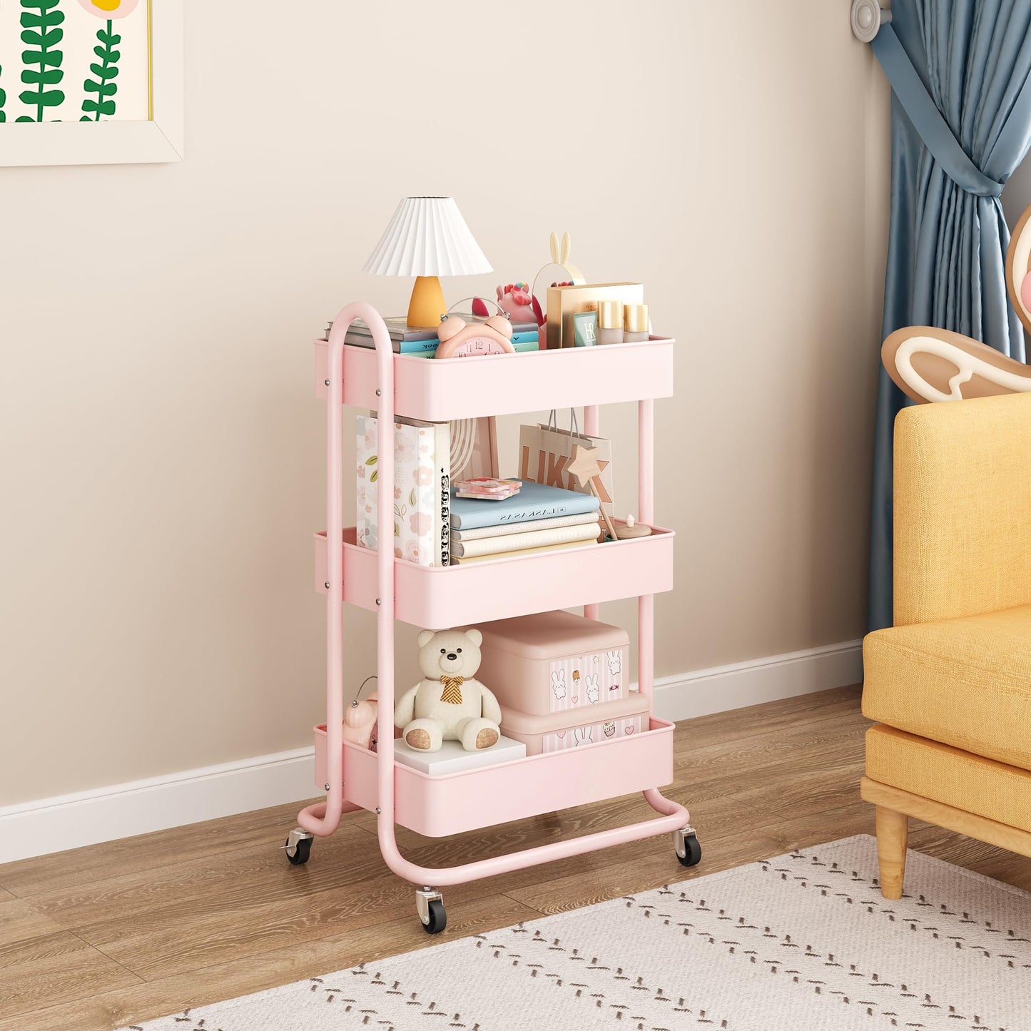 MIOCASA 3-Tier Metal Utility Rolling Cart, Heavy Duty Multifunction Cart with Lockable Casters