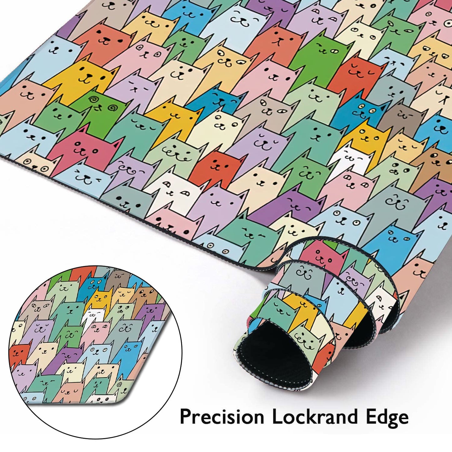 Cute Colorful Cats Extended Gaming Mouse Pad Large Desk Mat with Non-Slip Rubber Base and Stitched
