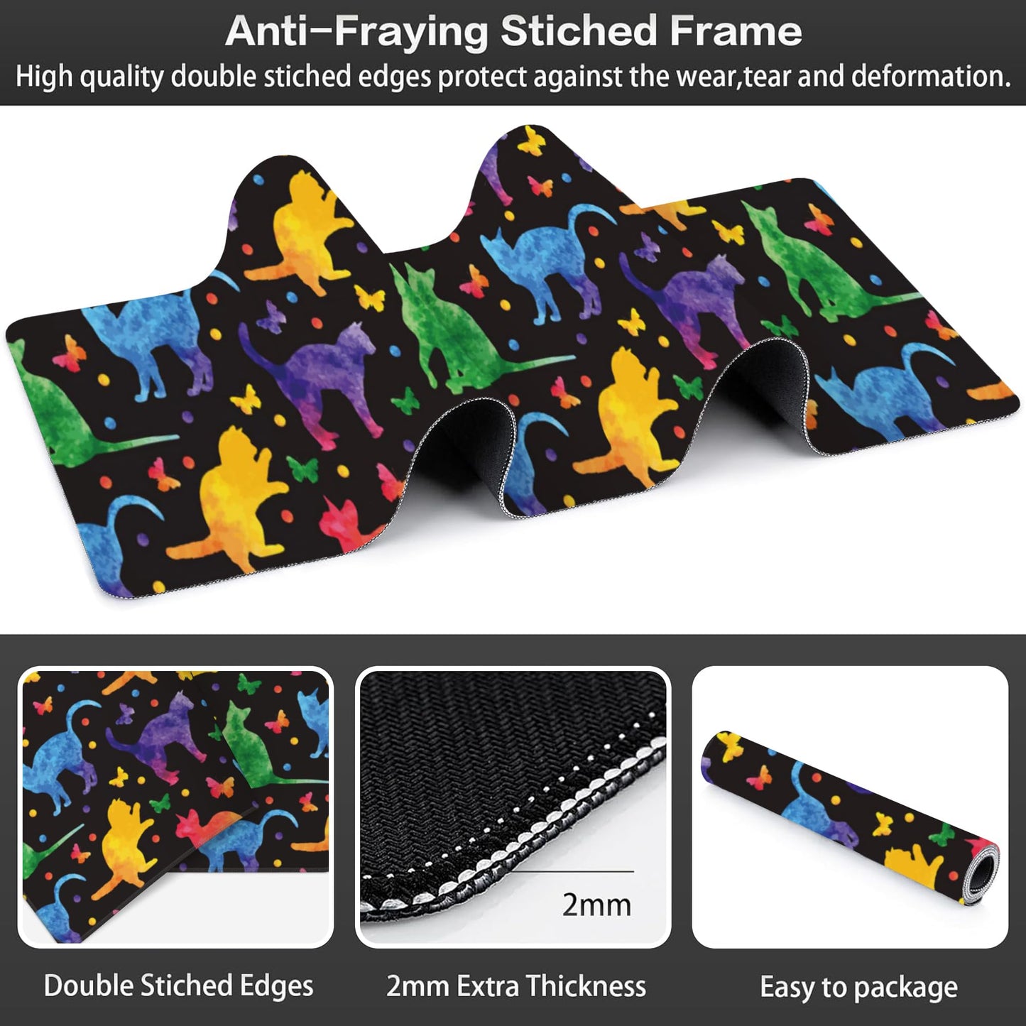 Colorful Cats and Butterflies Desk Mat,Large Watercolor Kittens Butterfly Gaming Keyboard Mouse