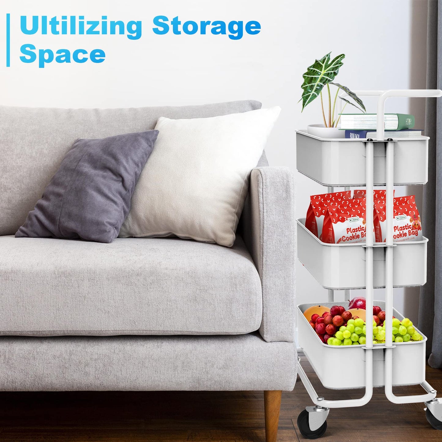 Homchwell 3 Tier Metal Utility Rolling Cart with Lockable Wheels, Multifunction Movable Storage
