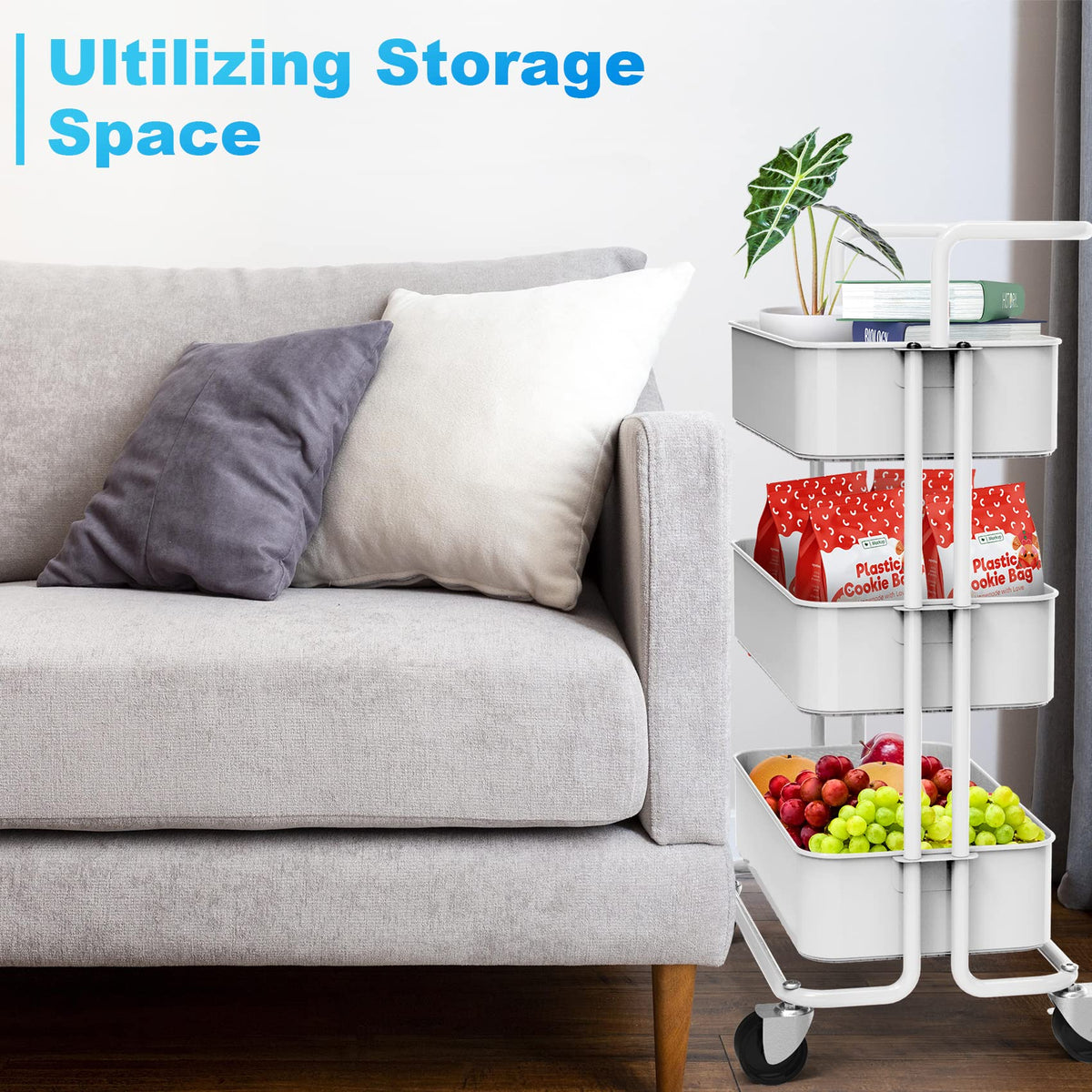 Homchwell 3 Tier Metal Utility Rolling Cart with Lockable Wheels, Multifunction Movable Storage