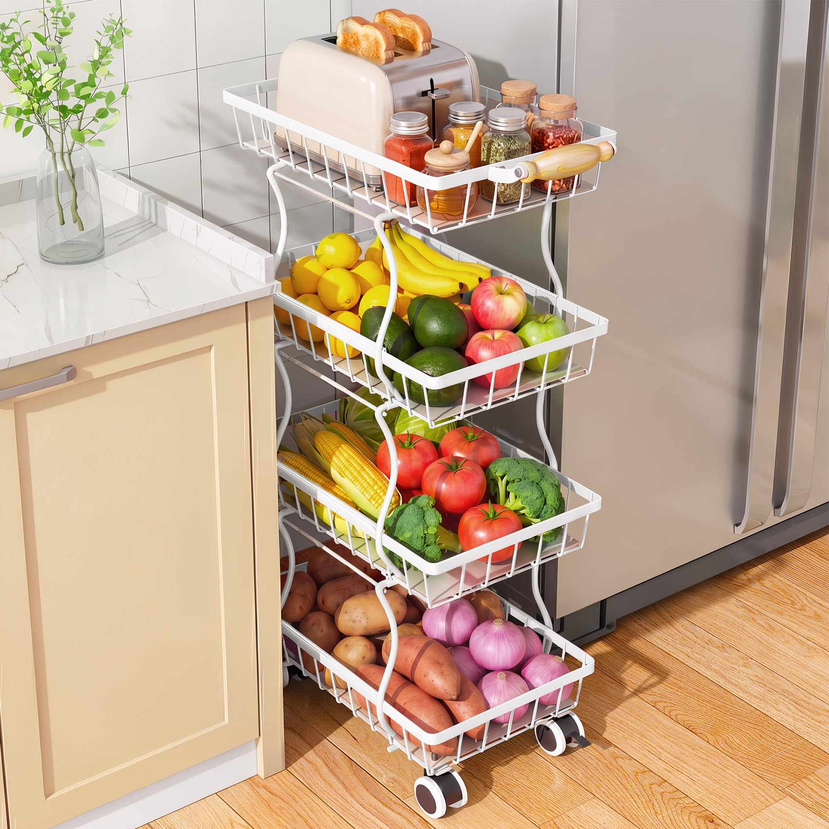 SAYZH 4-Tier Fruit Basket Stand with Vegetable Baskets for Kitchen, White