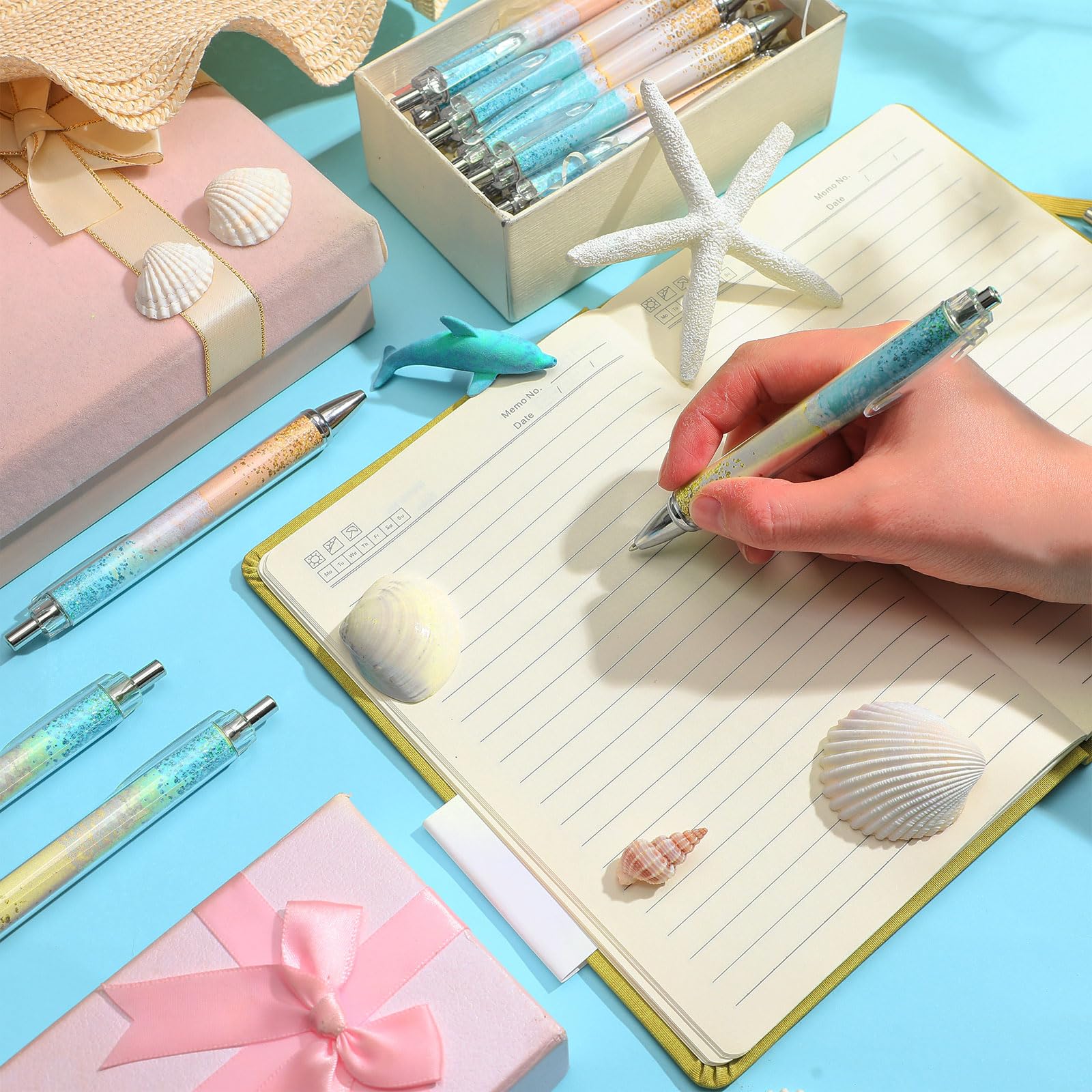Motipuns 48 Pcs Beach Teal Pens Bulk Ocean Party Favor Summer Teacher Gift
