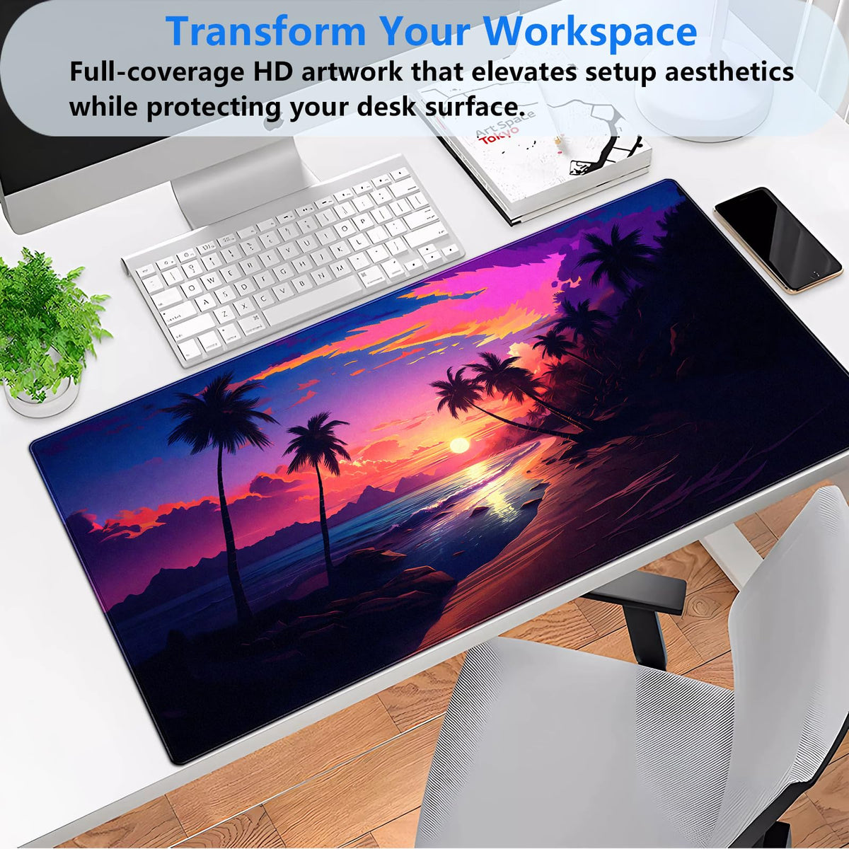 Beach Sunset Desk Mat, Synthwave XXL Large Gaming Mouse Pad