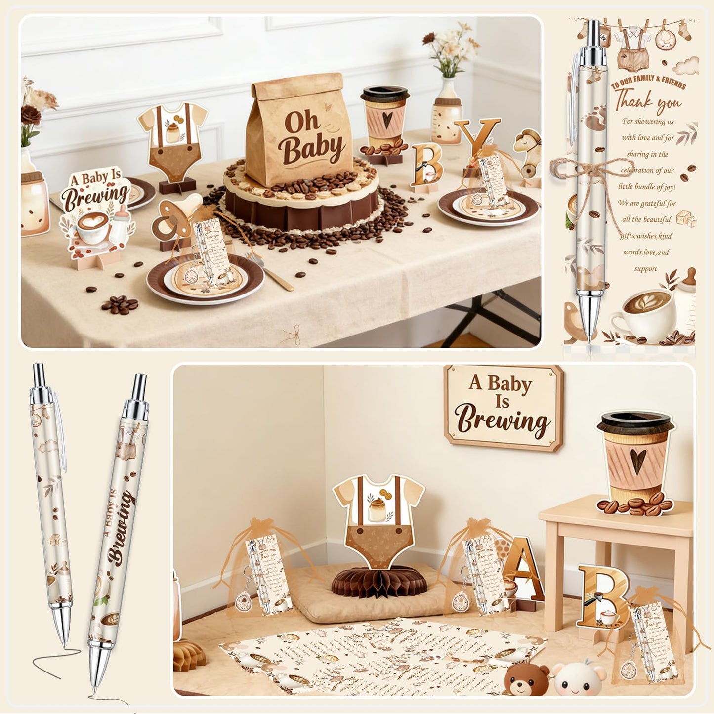 145 Pieces Coffee Baby Shower Favors for Guest A Baby is Brewing Ballpoint Pens and Keychains Gifts
