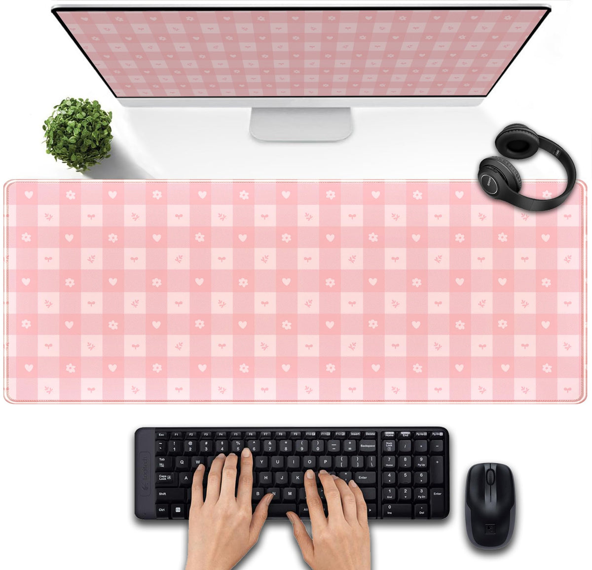 Pink Minimalist Gingham Floral Desk Mat Gaming Mouse Pad Large Cute Pastel Desk Pad Deskmat Kawaii