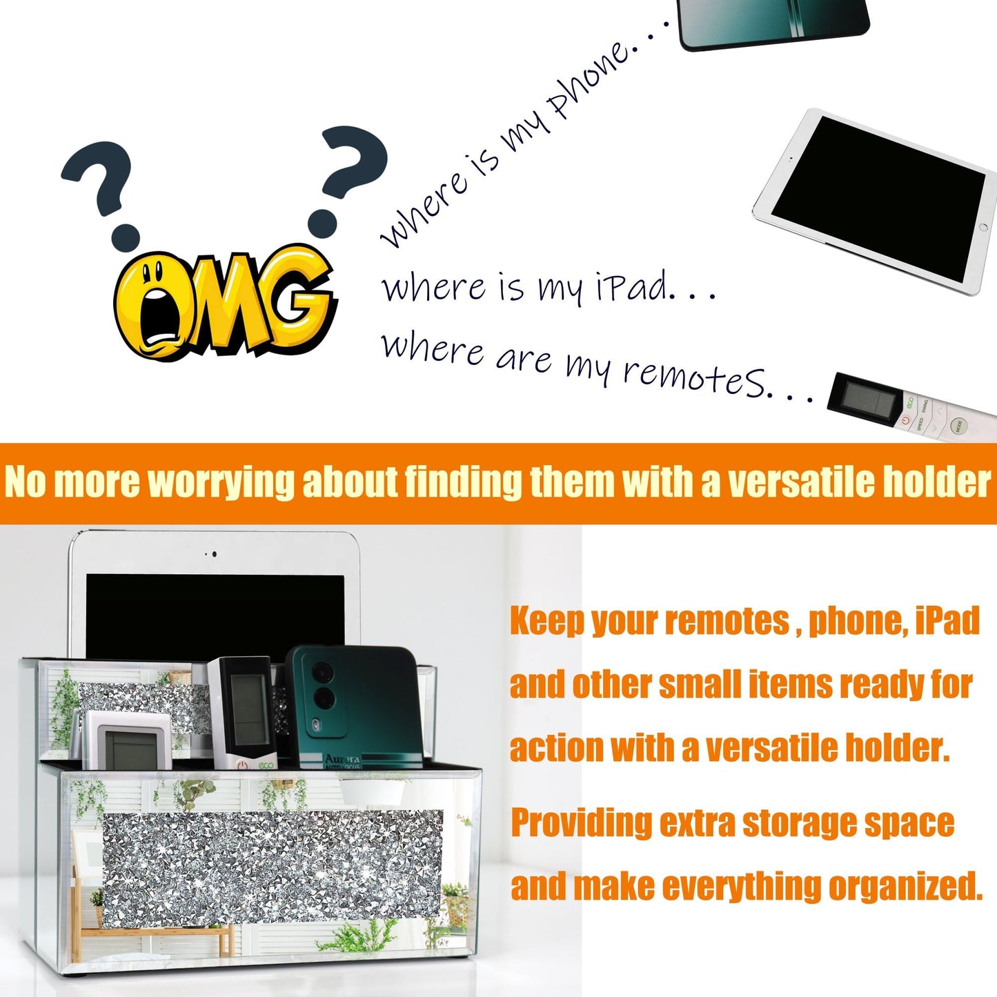 GOTHICO Mirrored Remote Holder, Wall or Tabletop Mounted Crush Diamond Bling Decoration Organizer
