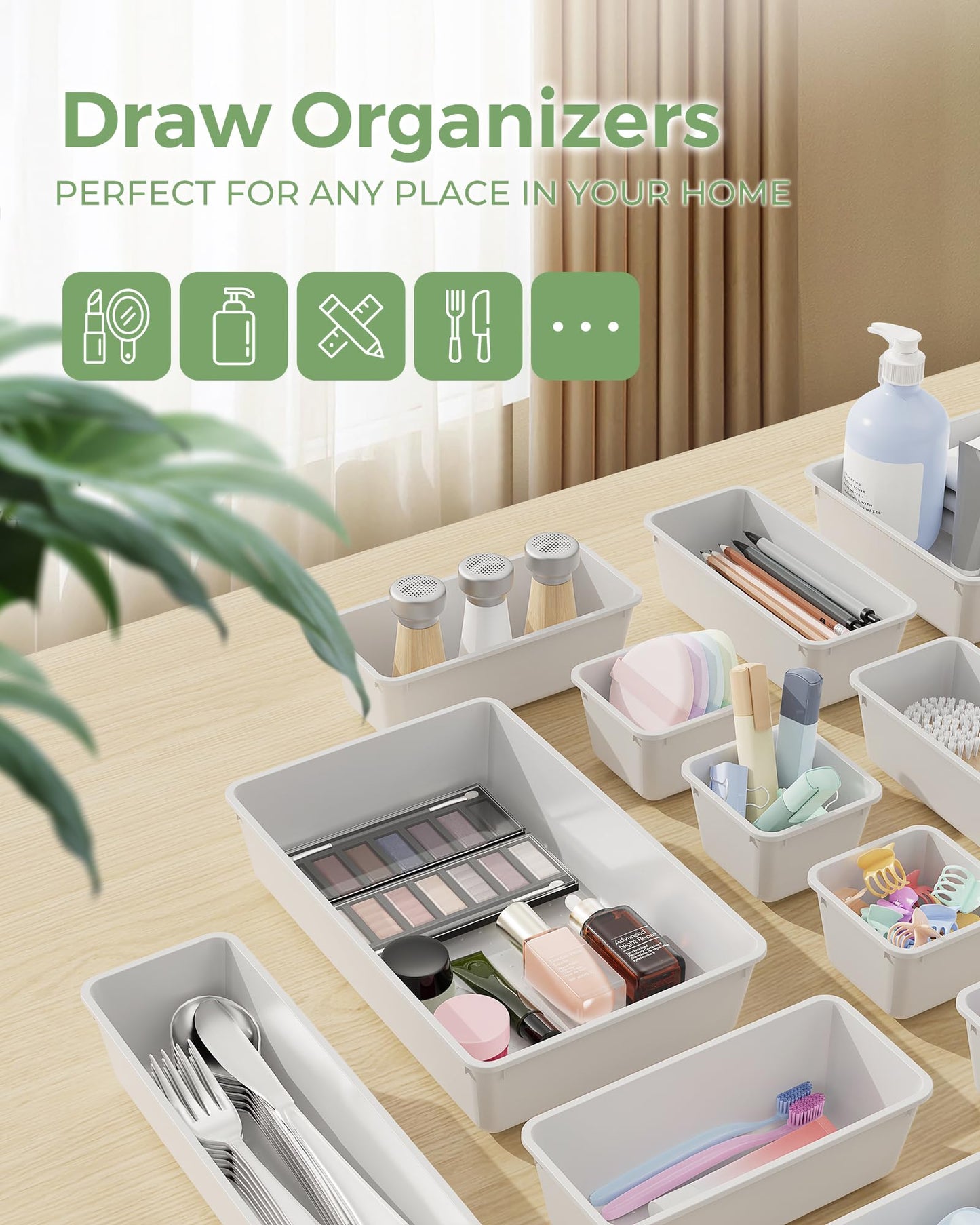 BiuLeon 25 PCS Plastic Drawer Organizers Set, 4-Sizes Vanity and Makeup Organizer, Desk and