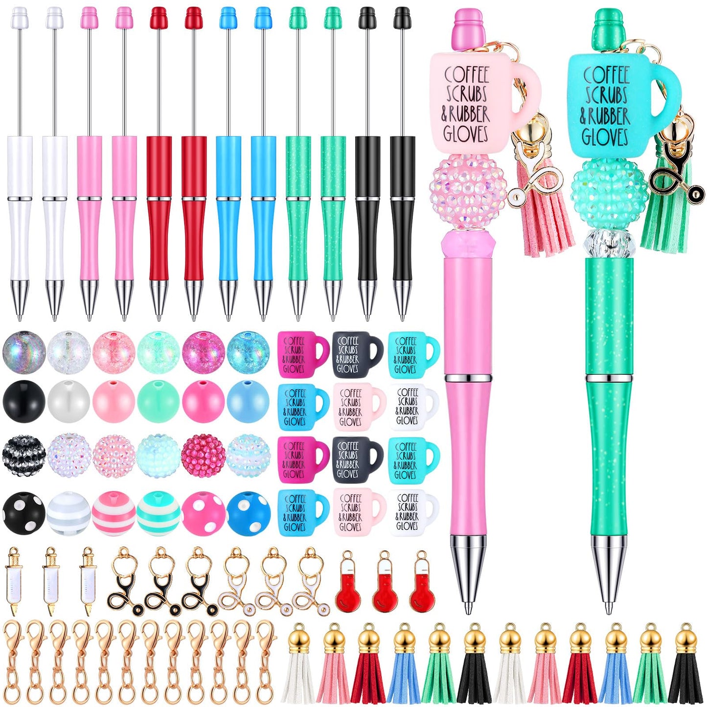 Jutom 12 Pcs Nurse Beadable Pens Bulk with 50 Pcs Colorful Beads DIY Making Kit 12 Tassels Pendants