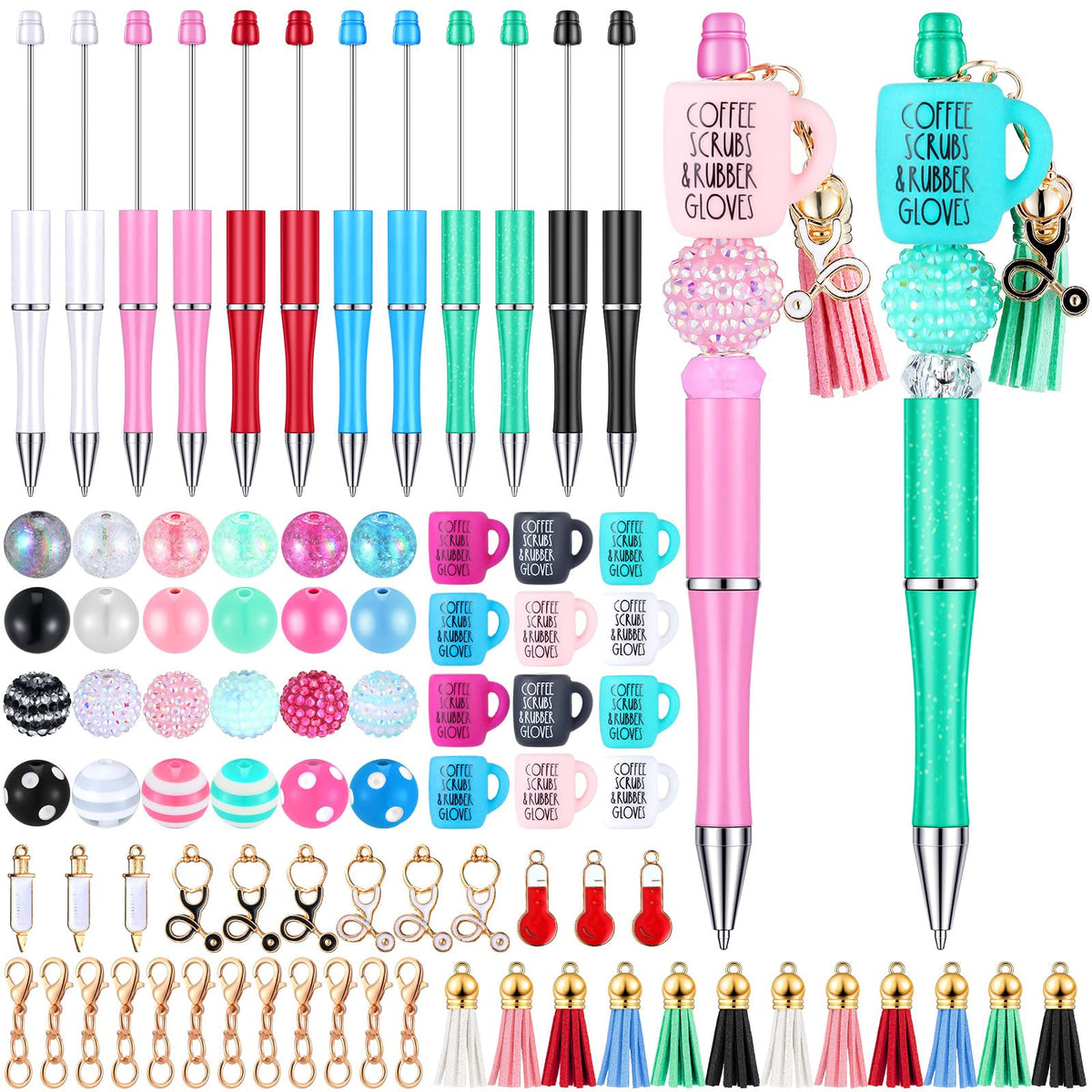 Jutom 12 Pcs Nurse Beadable Pens Bulk with 50 Pcs Colorful Beads DIY Making Kit 12 Tassels Pendants