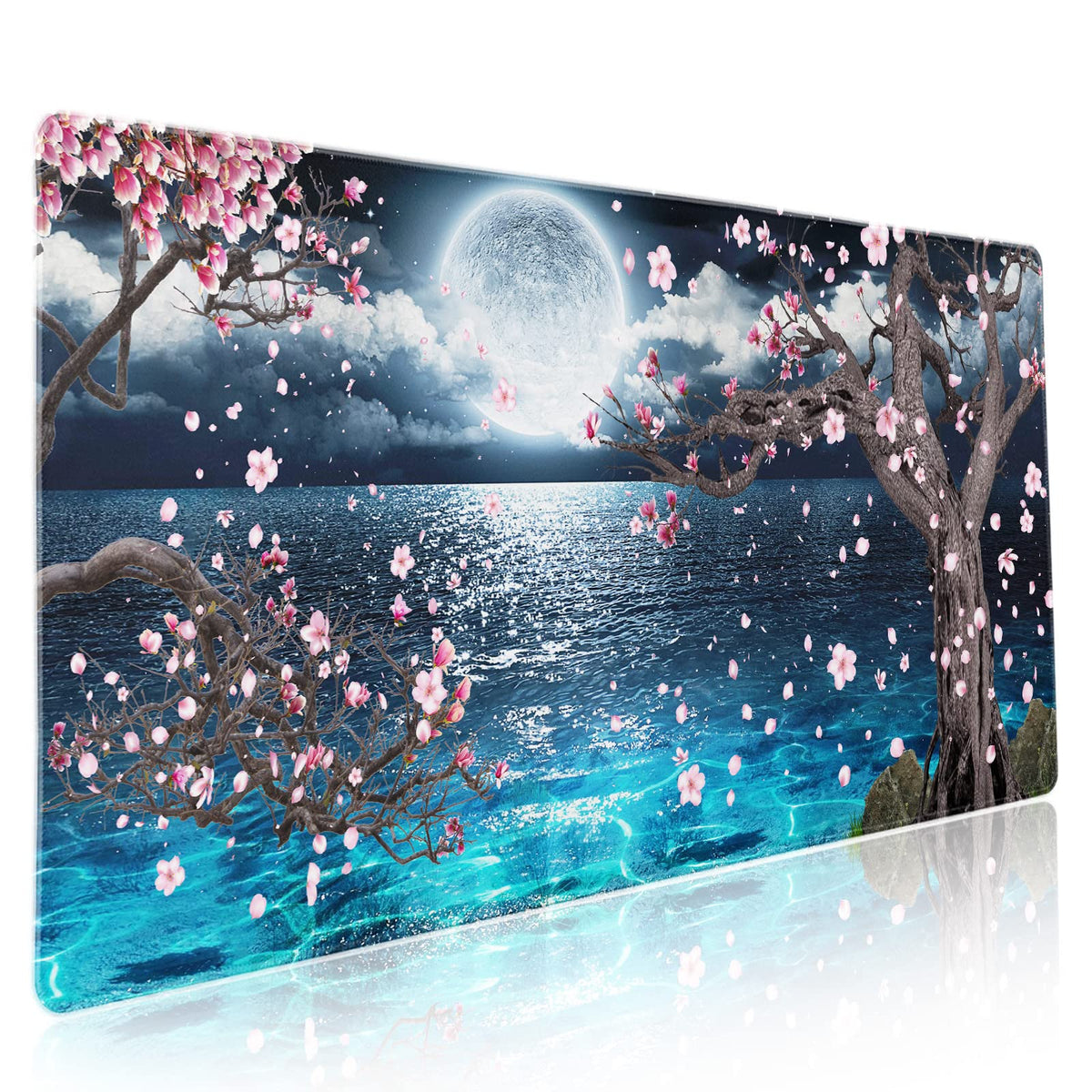 Pink Cherry Blossom Gaming Mouse Pad XXL Sakura Tree Blue Ocean Moon Night Extended Big Large Desk