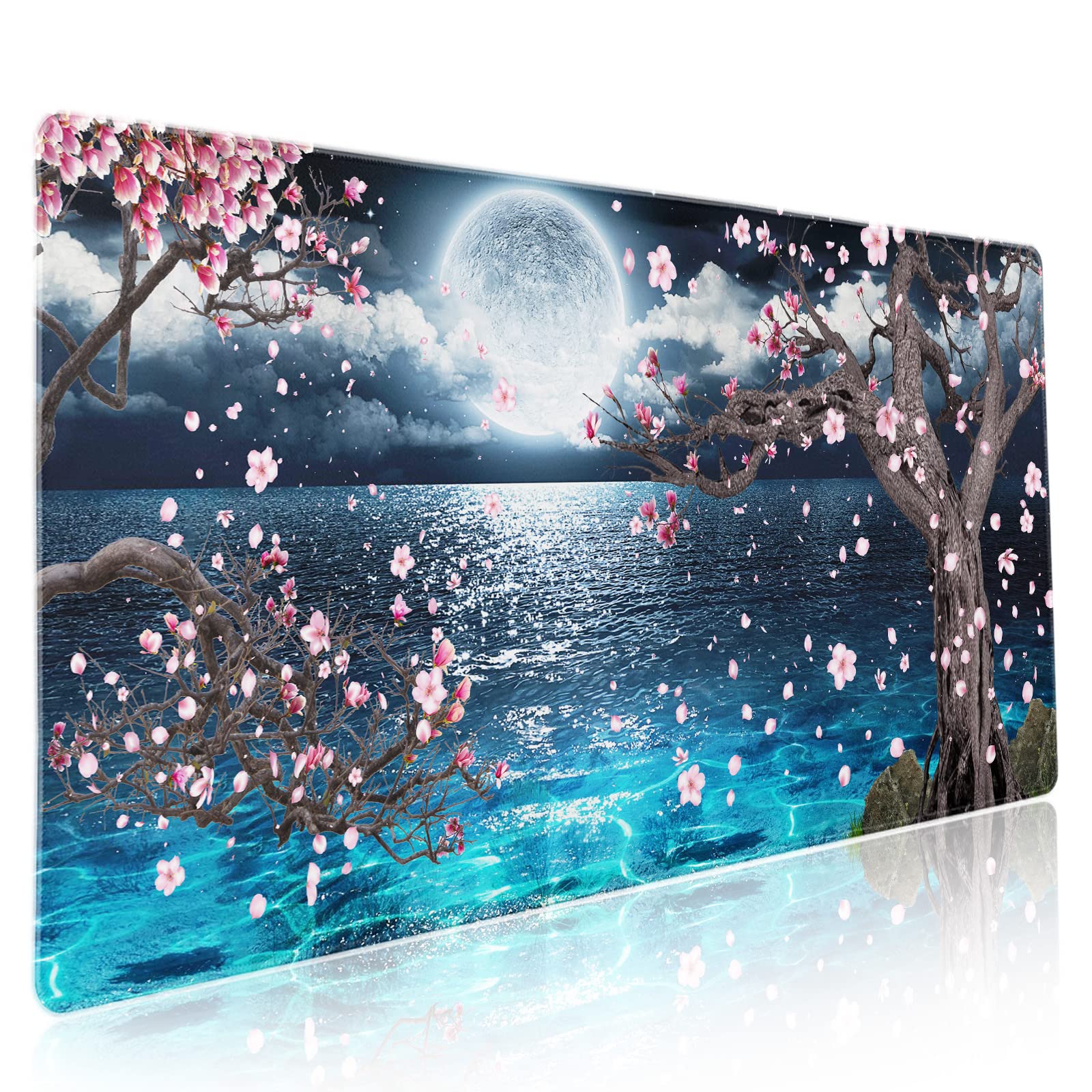 Pink Cherry Blossom Gaming Mouse Pad XXL Sakura Tree Blue Ocean Moon Night Extended Big Large Desk