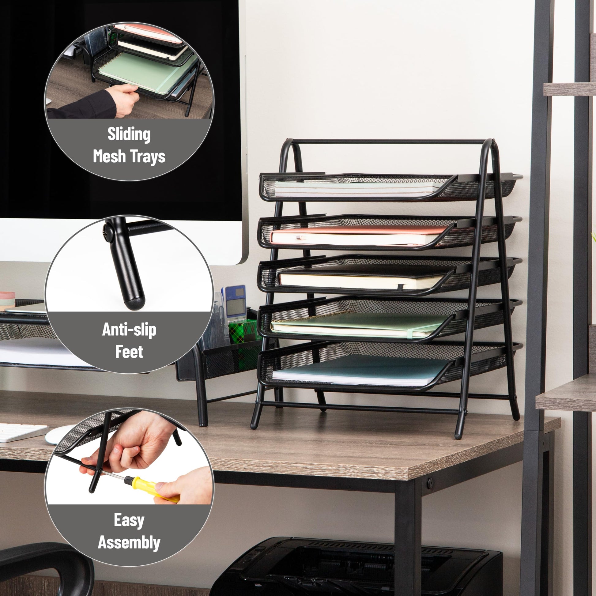 Mind Reader 5-Tier Paper Tray Organizer, Vertical Desktop File Storage Rack, Office, Metal Mesh