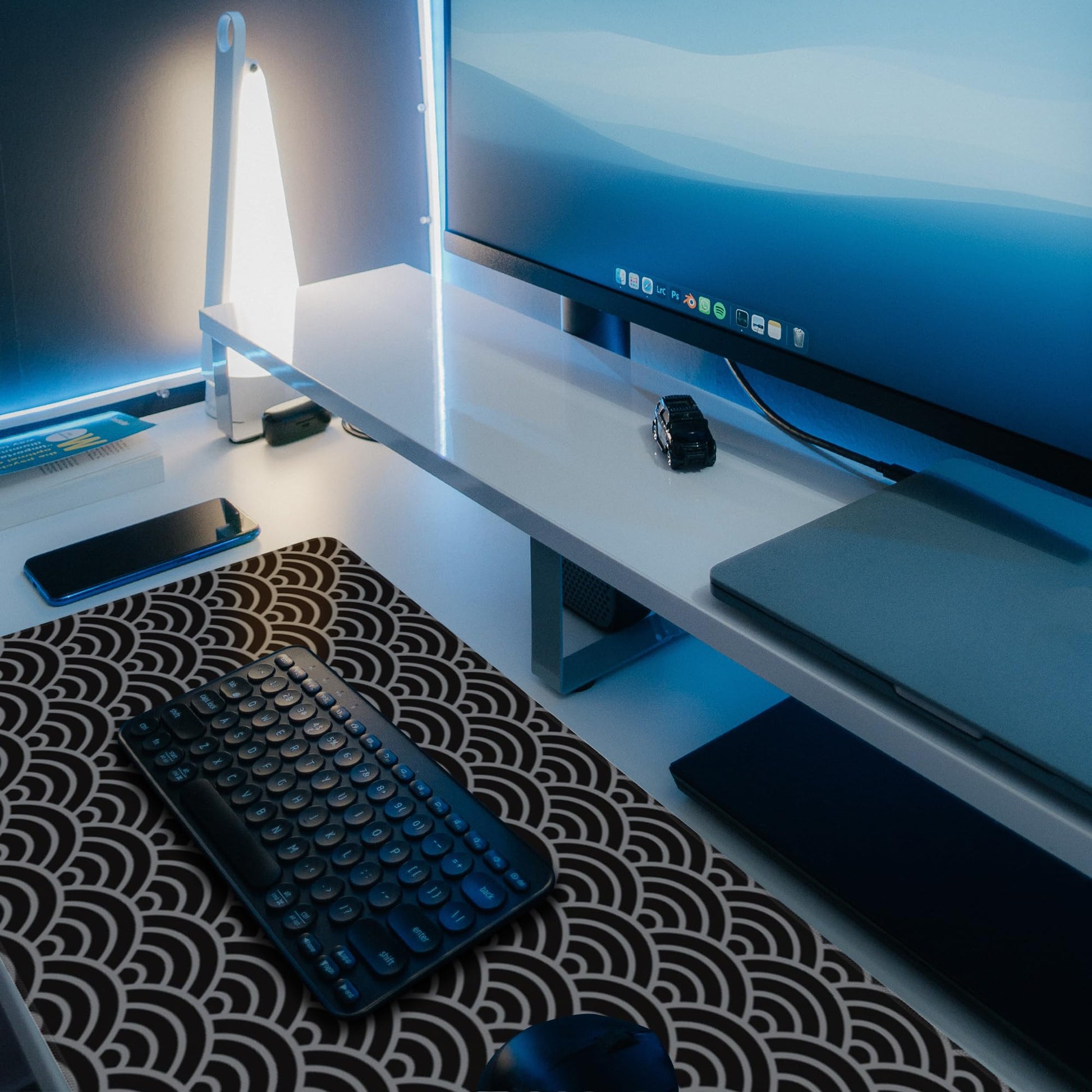 Desk Pad, Black and Silver Fan-Shaped Waves Extended Gaming Mouse Pad Large, 31.5"x11.8" Big Mouse