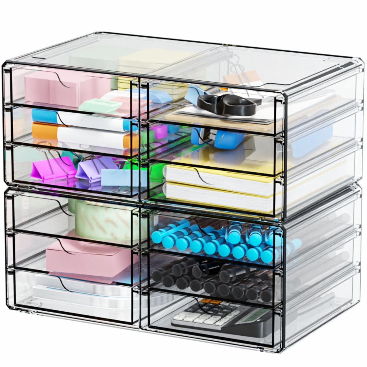 Yieach 2 Pack Acrylic Storage Drawers With 12 Small Drawer,Stackable Office Cabinet Organizer and