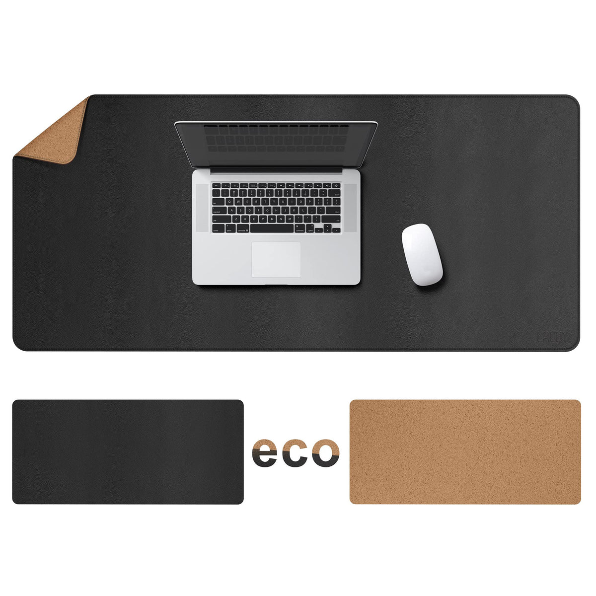 Cacoy 48"x24" Dual-Sided Desk Pad Blotter, Cork & PU Leather Desk Mat,Black