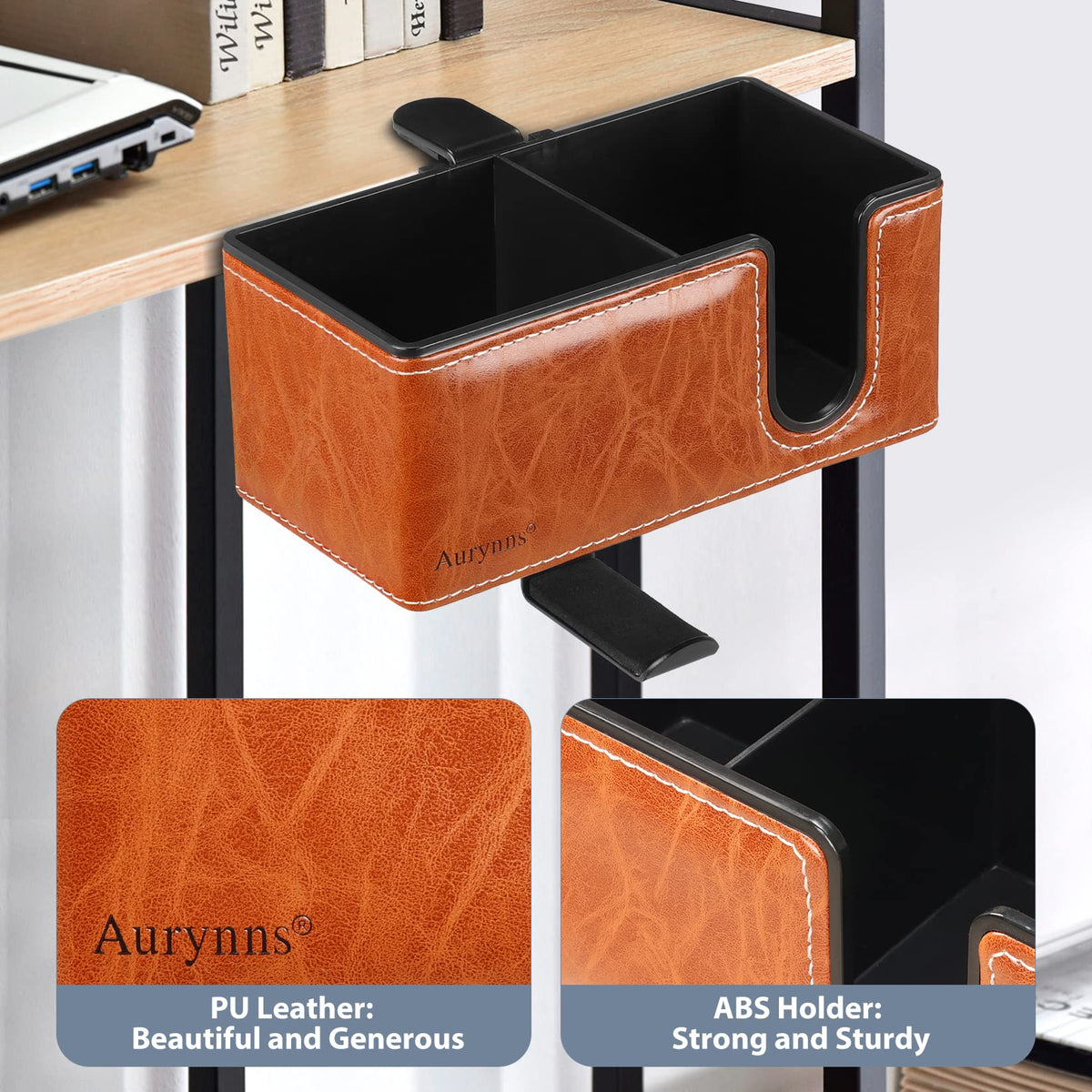 Under Desk Cup Holder Clamp on Cup Holder PU Leather Clip on Desk Organizer