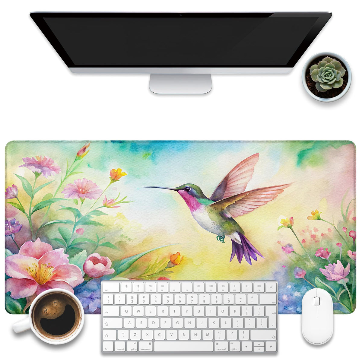 KOAIWPAE Large Gaming Mouse Pad for Desk, Watercolor Flying Hummingbird Desk Mat, Beautiful Garden