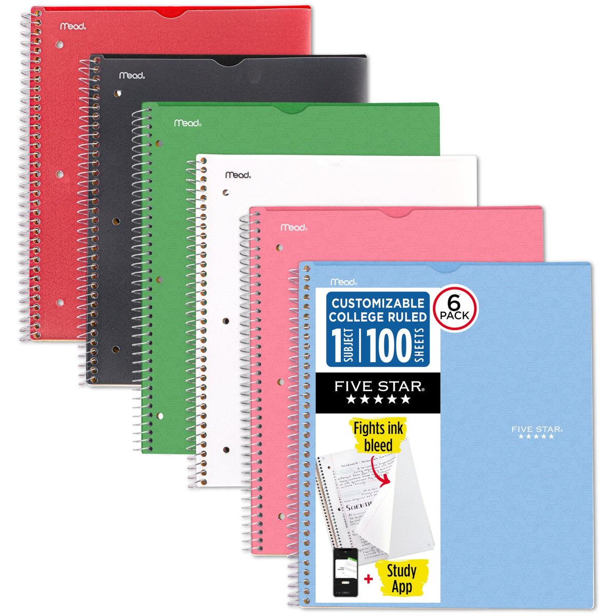 Five Star Spiral Notebook + Study App, 6 Pack, 1 Subject, College Ruled 8.5" x 11" Paper, 100