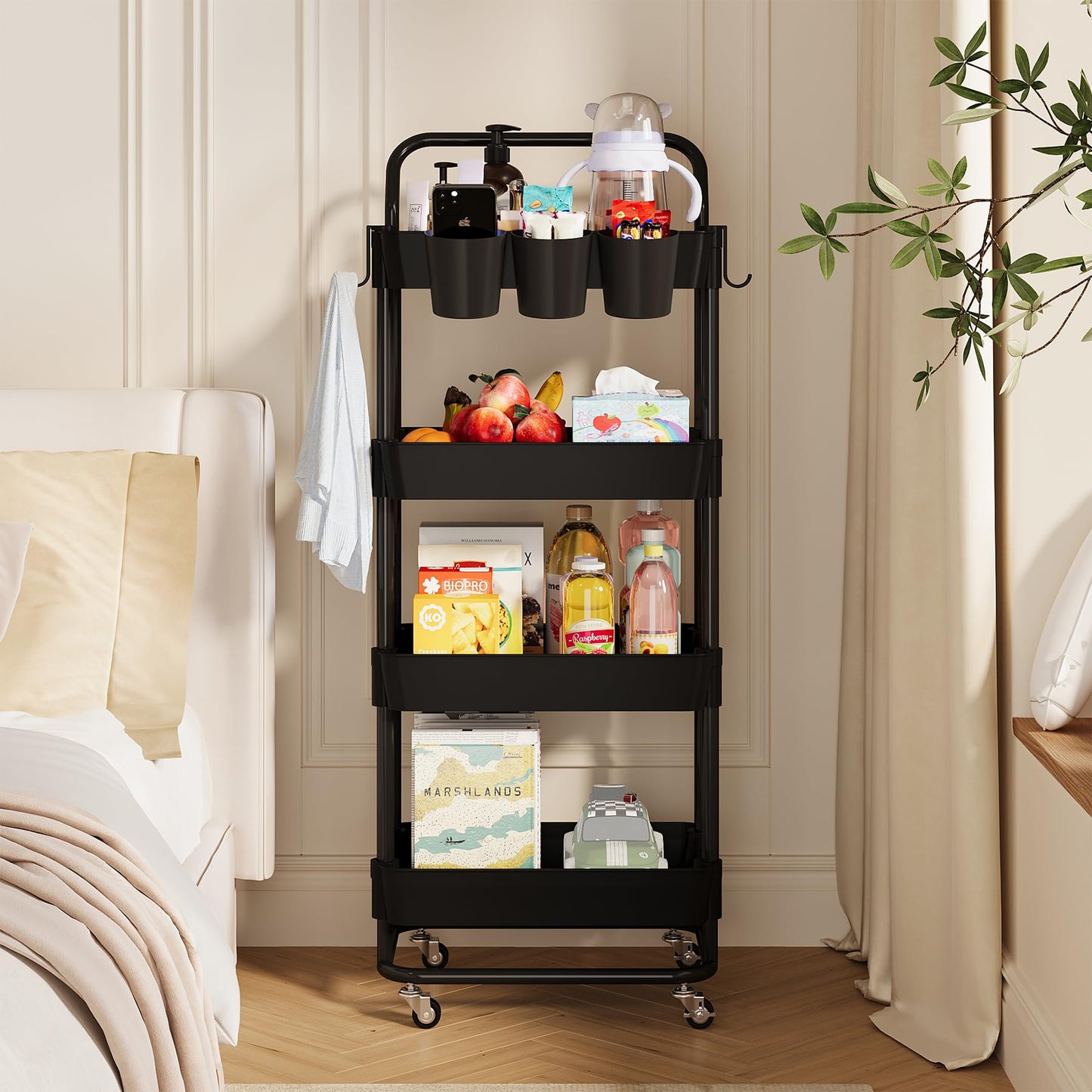Buzowruil 4-Tier Rolling Utility Cart, Storage Cart with Handle Multi-Purpose and Locking
