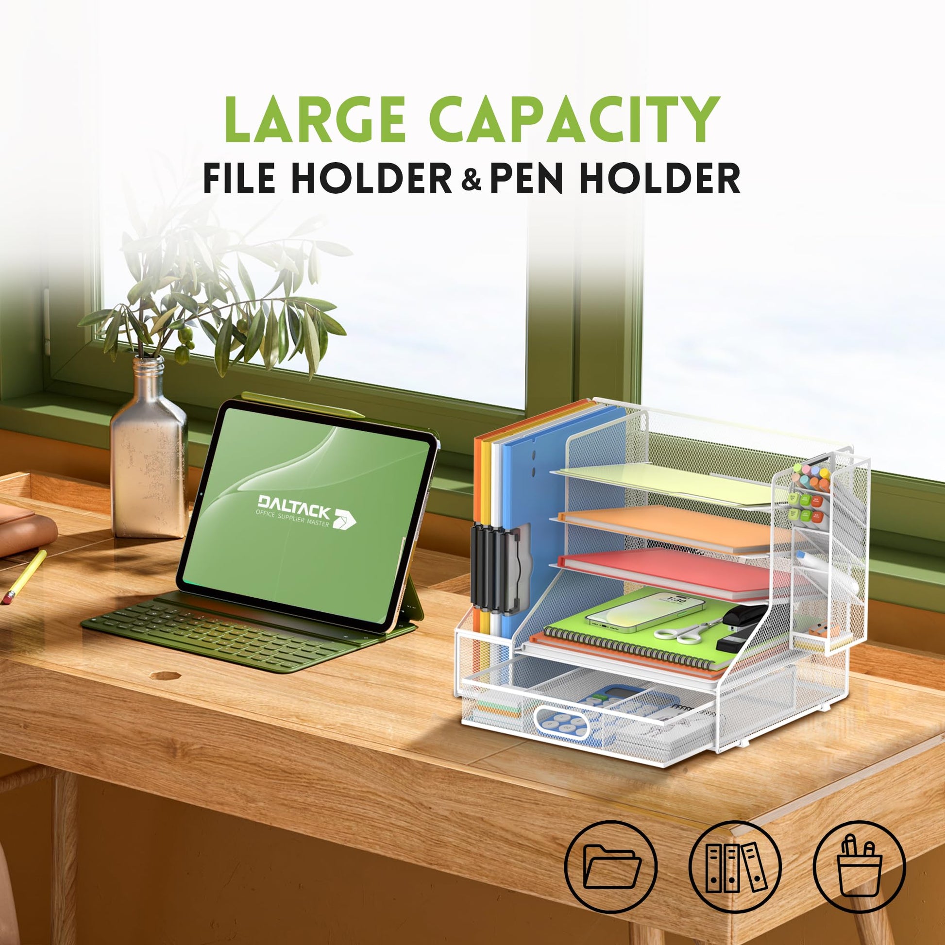 5-Tier Desk Organizer with File Holder & Pen Holder & Sliding Drawer, White