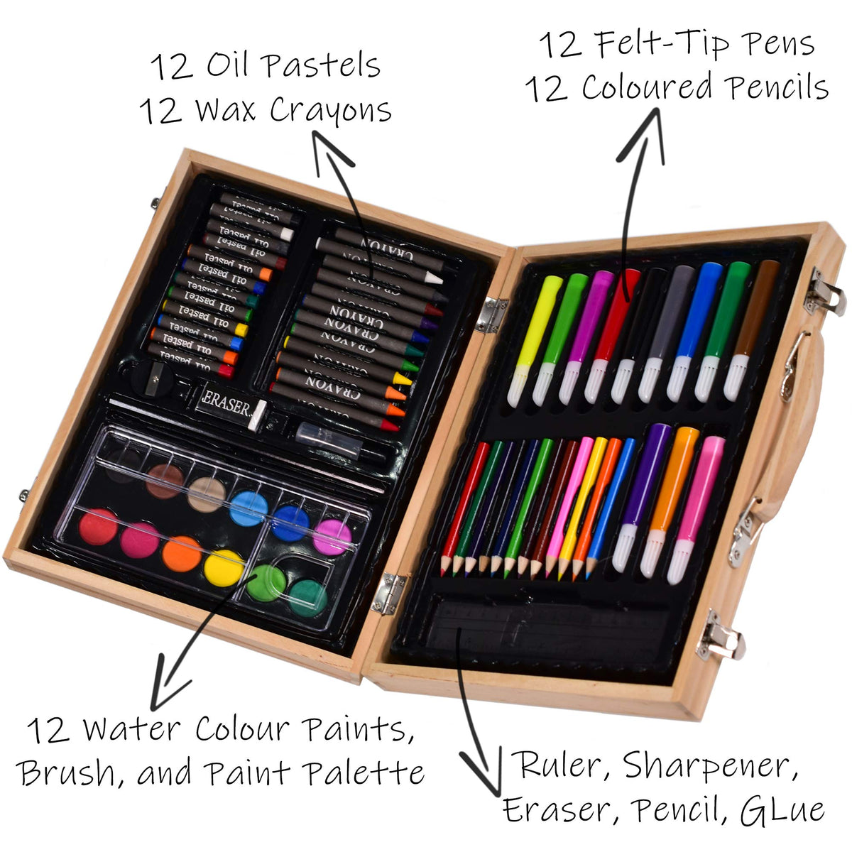 Childrens 67 PC Craft Art Artists Set in Wooden Box Case Crayons Paints Pens Pencils by Unknown