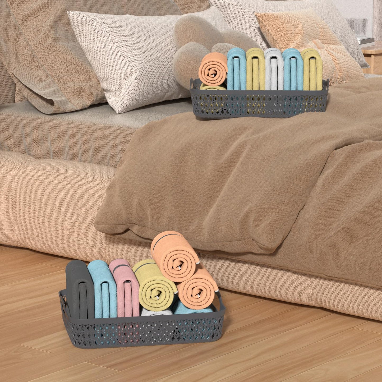 Kekow Plastic Storage Tray Basket with Handle, Set of 6, Gray