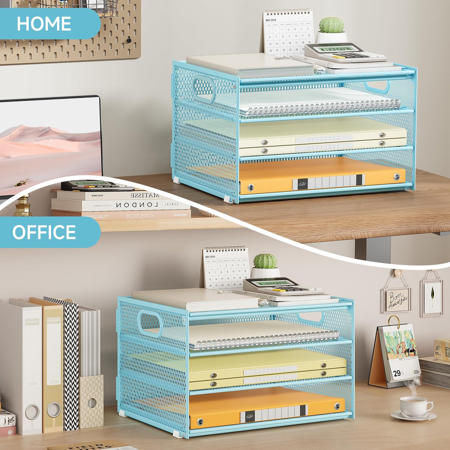 4 Tier Paper Organizer with Handle,Letter Tray Blue Desk Organizer Set